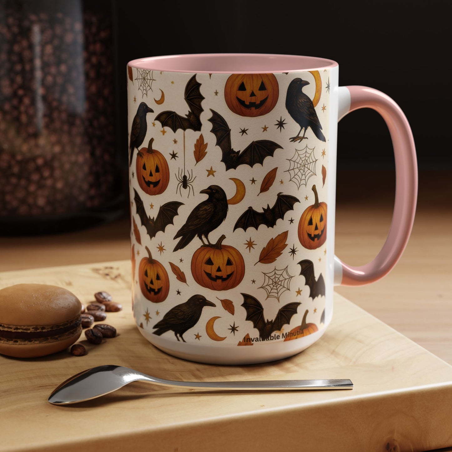 Halloween Raven & Pumpkin Color Accent Mug β Gothic Crow, Bats & Jack-oβ-Lantern Coffee Cup (11oz & 15oz) β Spooky Autumn Drinkware
