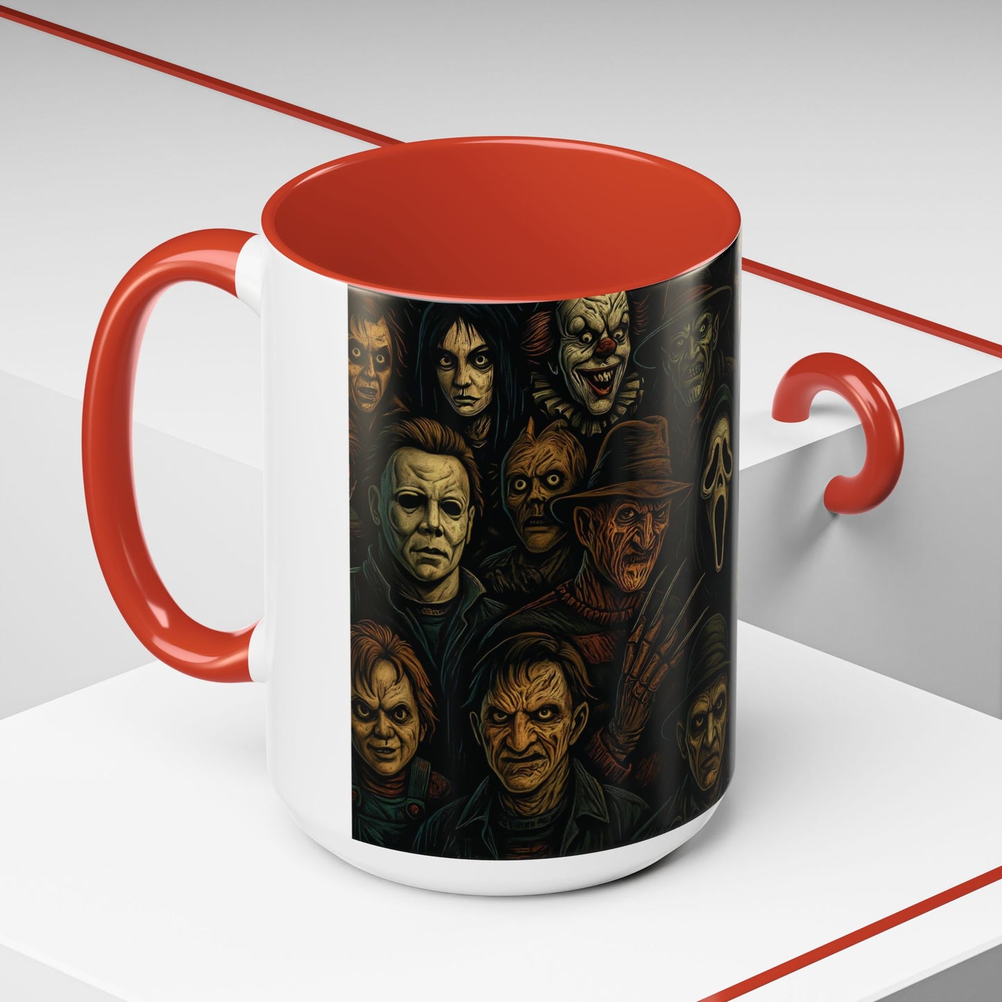 Horror Villain Collage Mug – 15oz & 11oz Ceramic Coffee Mug – Slasher Icons Halloween Gift – Goth Horrorcore Kitchen Decor
