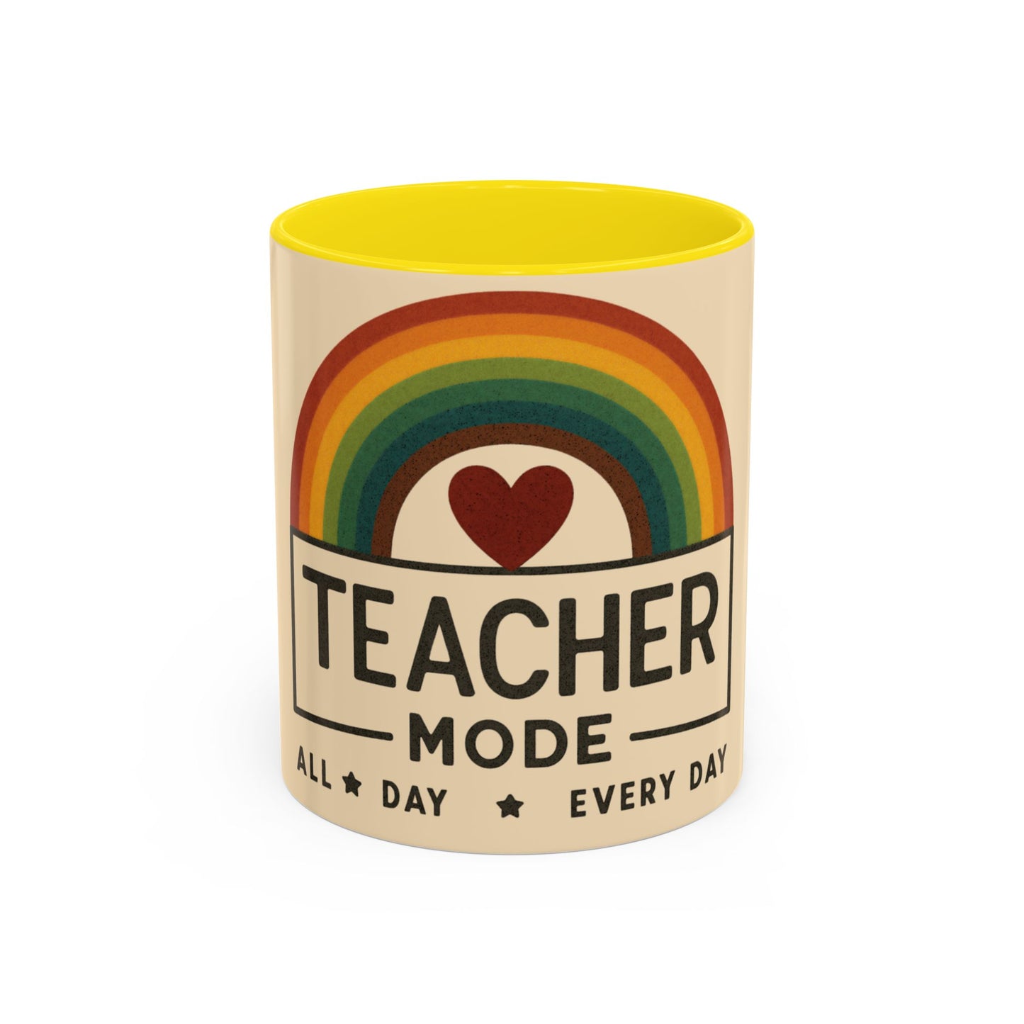 Teacher Mode – Color Accent Mug (11oz/15oz) • Rainbow Heart • Teacher Gift • Dishwasher & Microwave Safe