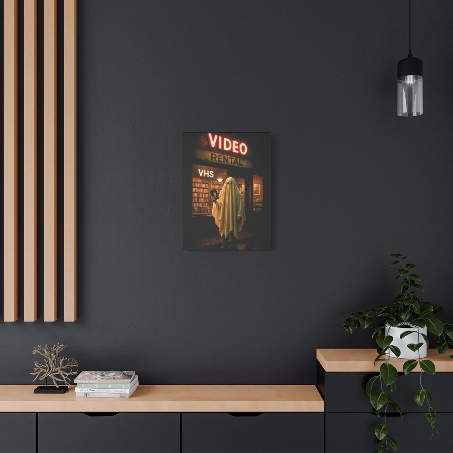 Retro Video Rental Ghost β VHS Nostalgia Matte Stretched Canvas Wall Art | 90s Spooky Decor