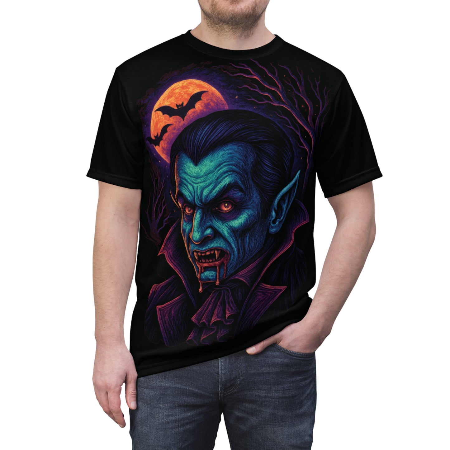 Vampire AOP Halloween T-Shirt β Neon Bloodthirsty Count Extra Large Print Tee (All-Over Print)