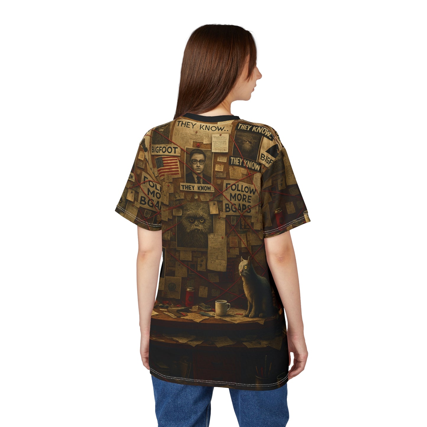 Bigfoot Conspiracy Tee, Unisex T-Shirt, Funny Graphic Tee, Unique Gift for Halloween, Cryptid Lover Fashion, AOP Apparel