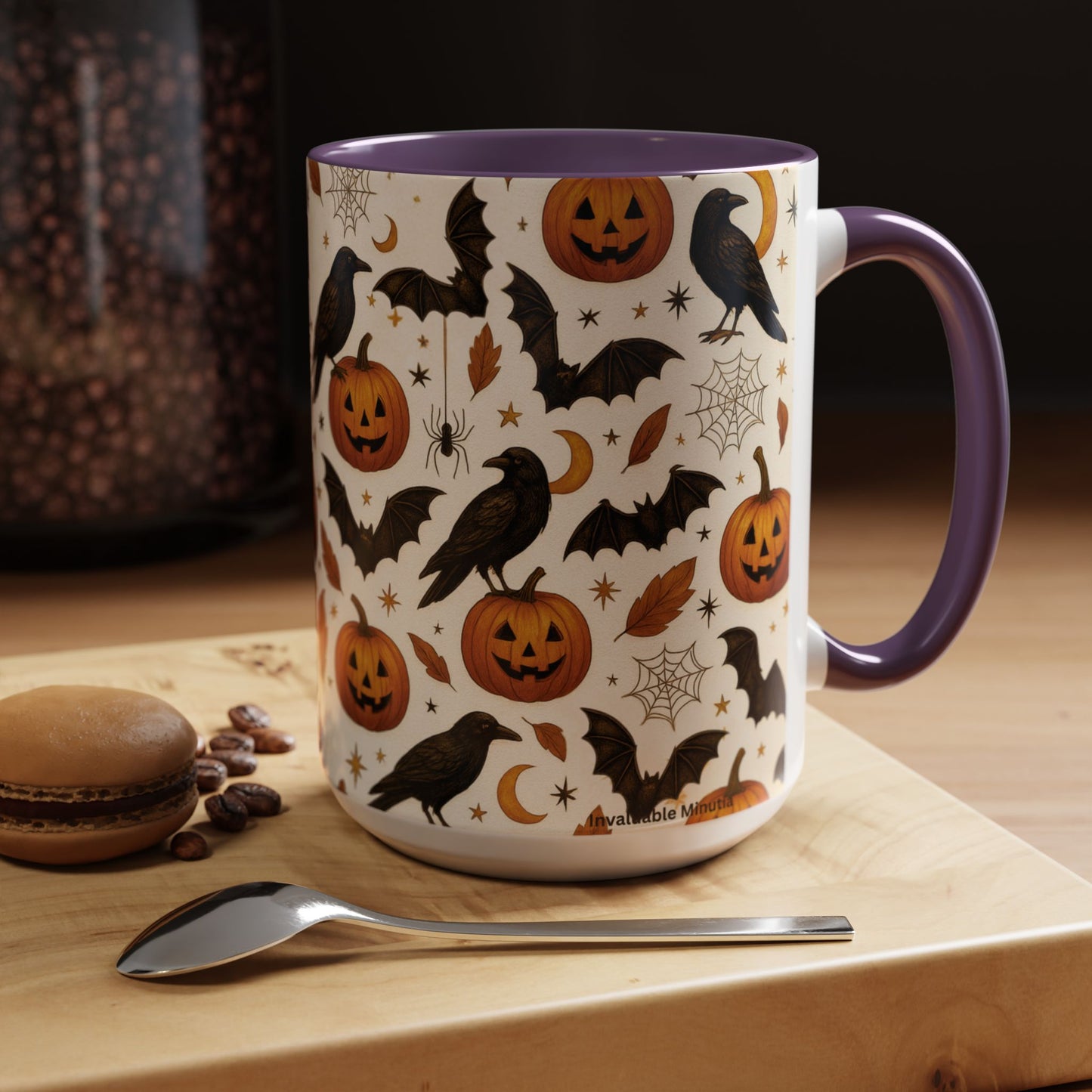Halloween Raven & Pumpkin Color Accent Mug β Gothic Crow, Bats & Jack-oβ-Lantern Coffee Cup (11oz & 15oz) β Spooky Autumn Drinkware