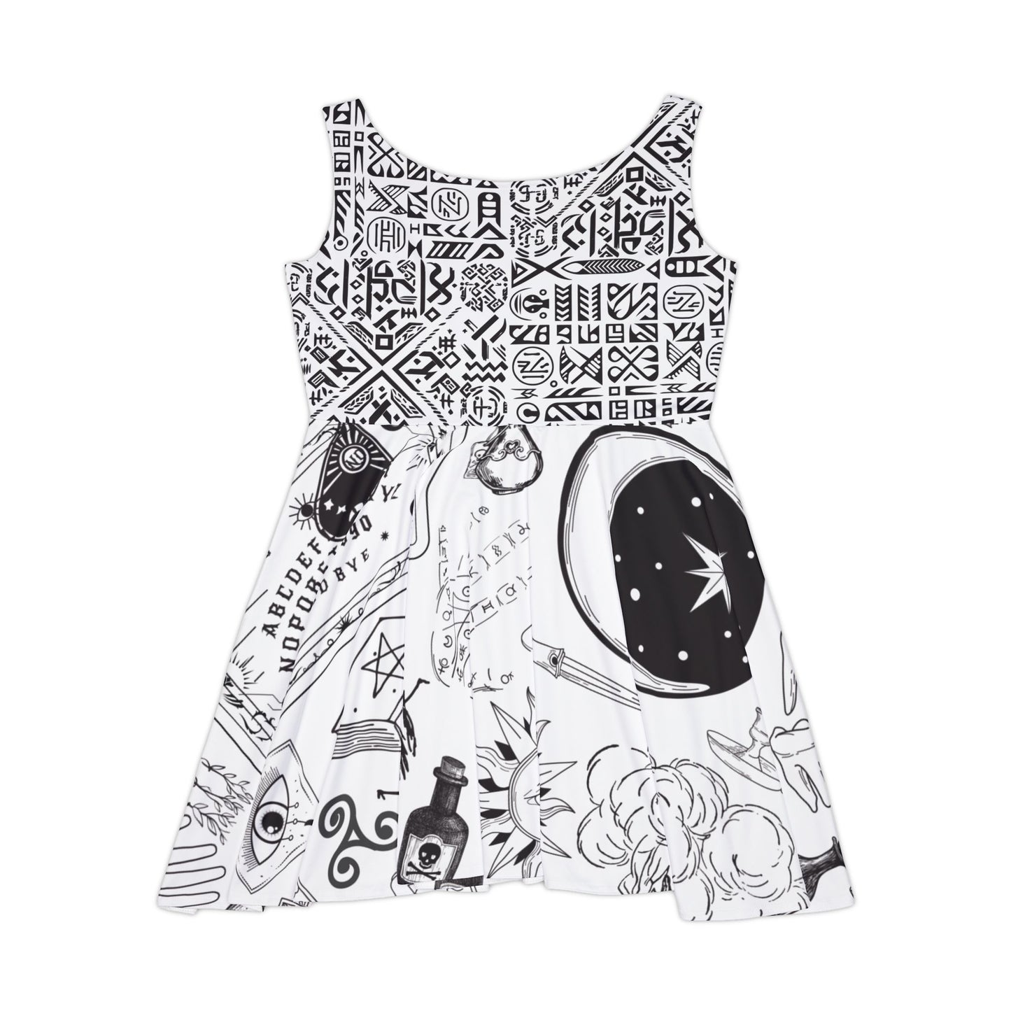 Witchy Vibes Skater Dress – Occultcore Black & White Magic Print Summer Dress