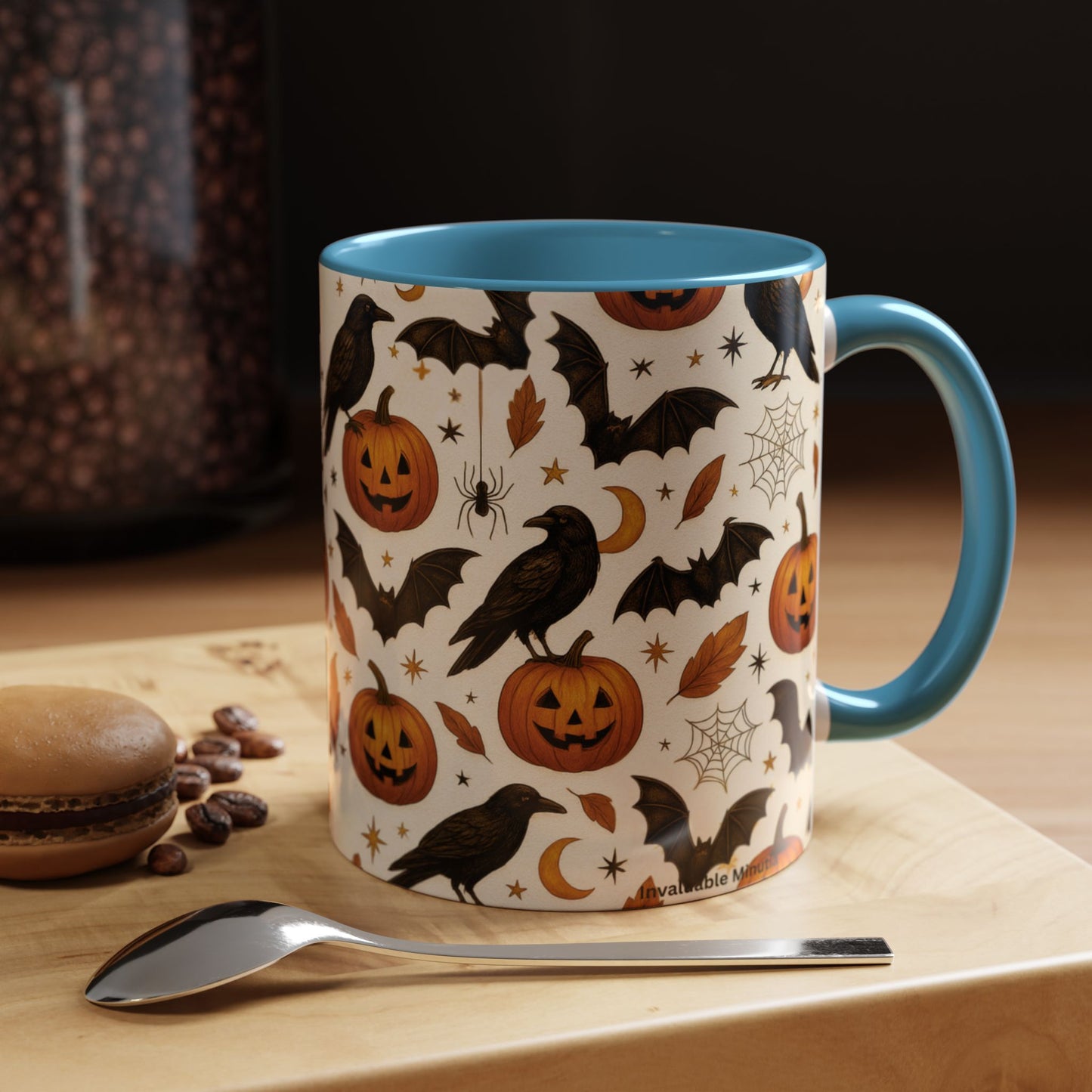 Halloween Raven & Pumpkin Color Accent Mug β Gothic Crow, Bats & Jack-oβ-Lantern Coffee Cup (11oz & 15oz) β Spooky Autumn Drinkware