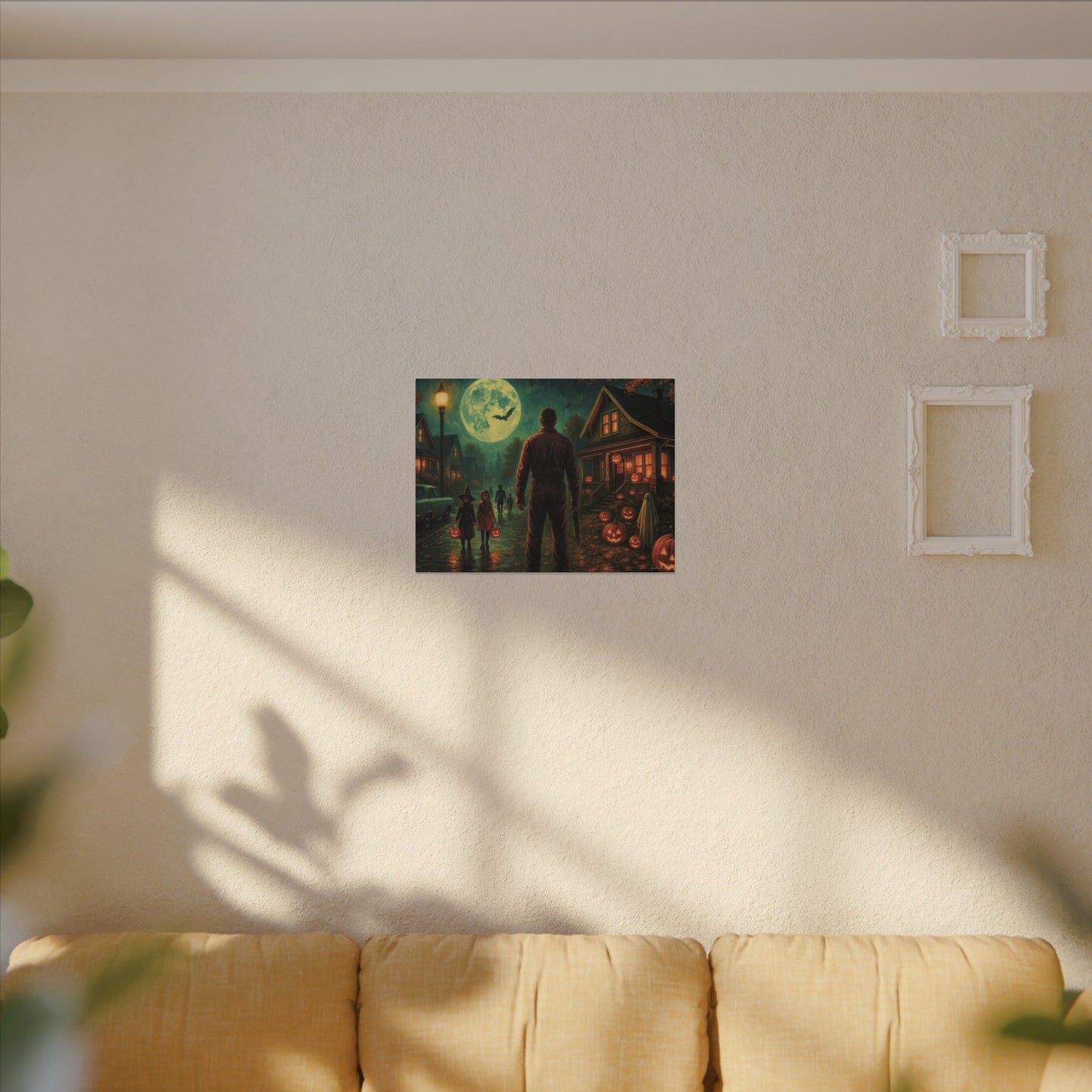 Halloween Neighborhood Scene Canvas Print β Retro Suburban Trick-or-Treat, Glowing Pumpkins & Full Moon Wall Art
