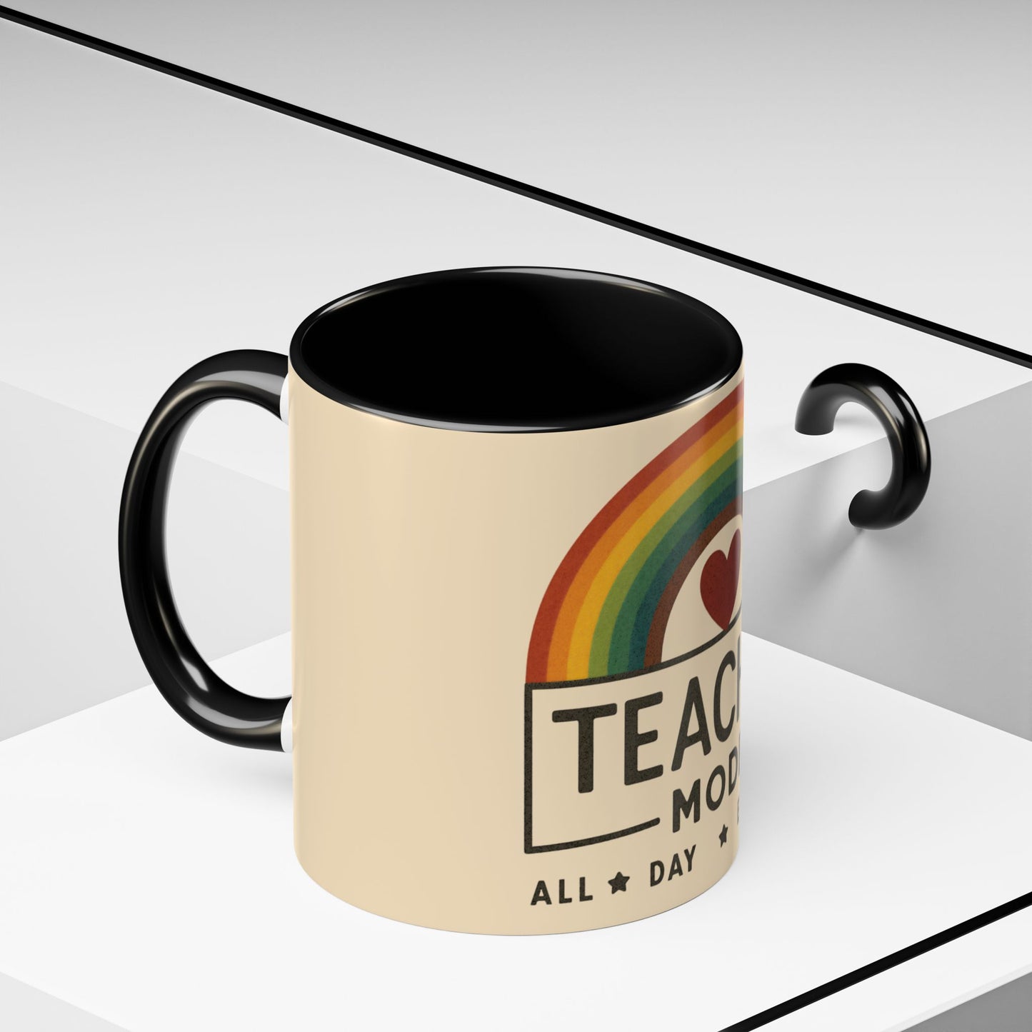Teacher Mode – Color Accent Mug (11oz/15oz) • Rainbow Heart • Teacher Gift • Dishwasher & Microwave Safe