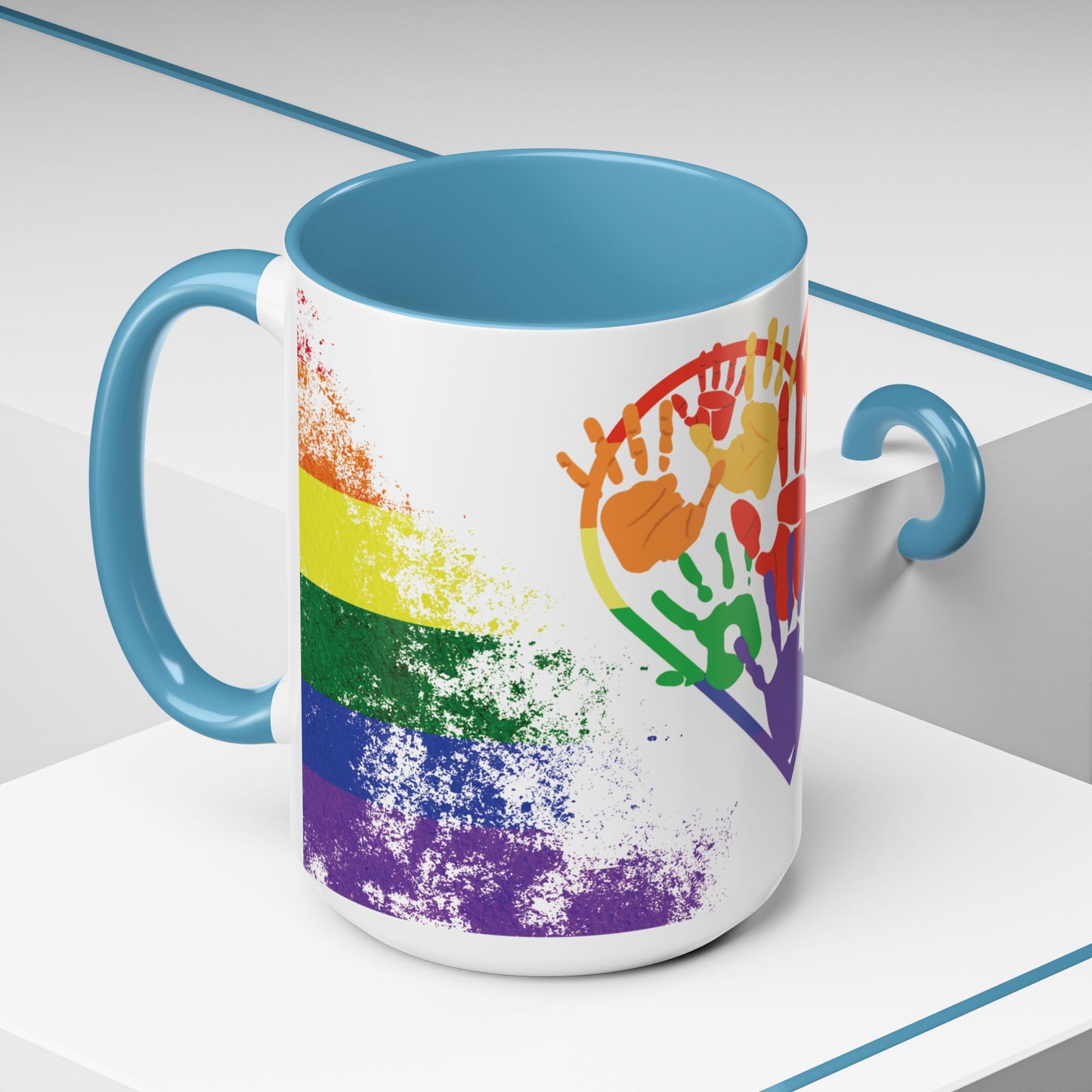 Handprint Heart Pride Mug | Rainbow Splash Ceramic Cup | 11oz & 15oz
