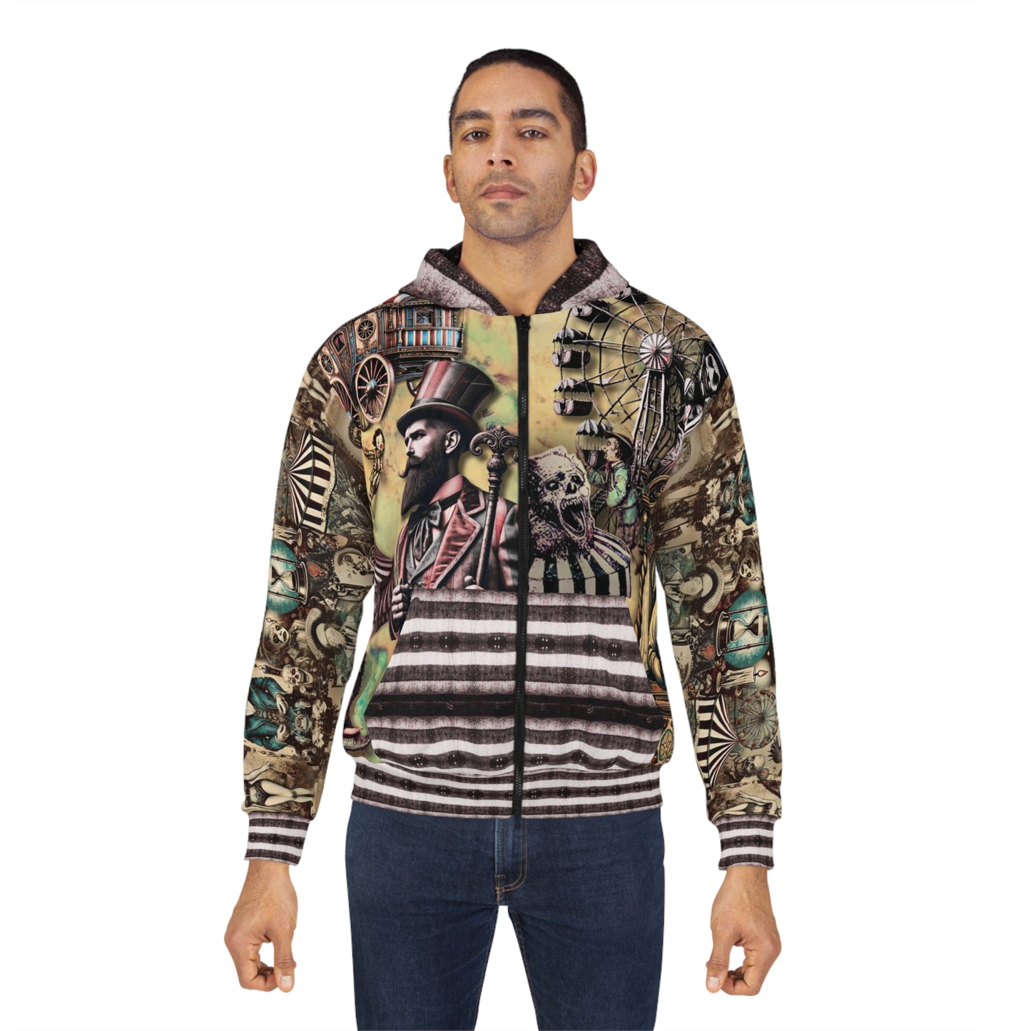 Unisex All-Over Print Zip-Up Hoodie - Gothic Vintage Aesthetic Circus + CreepyClown Design