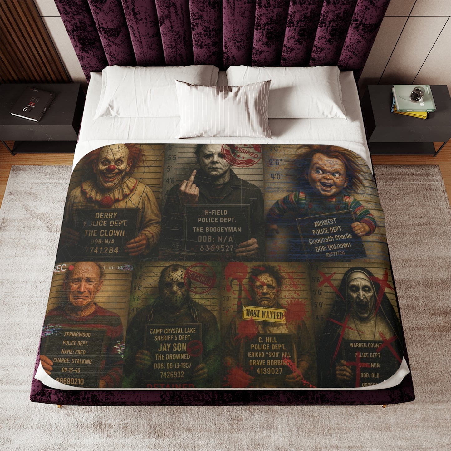 Horror Villains Mugshot Sherpa Fleece Blanket โ Premium Cozy Throw, 3 Sizes, Free Worldwide Shipping