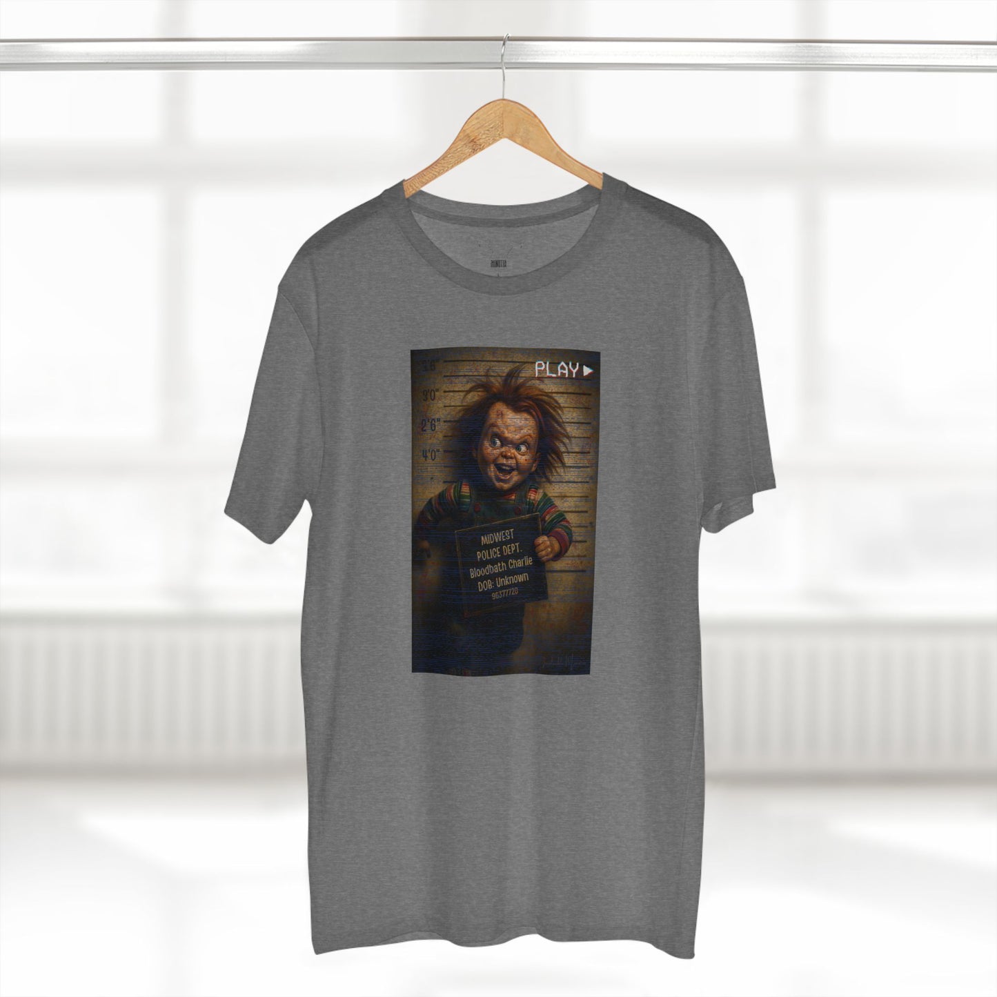 Creepy Killer Doll Mugshot T-Shirt – Halloween Horror Tee, Boutique DTG Print, Premium Cotton Tee, 90s VHS Aesthetic