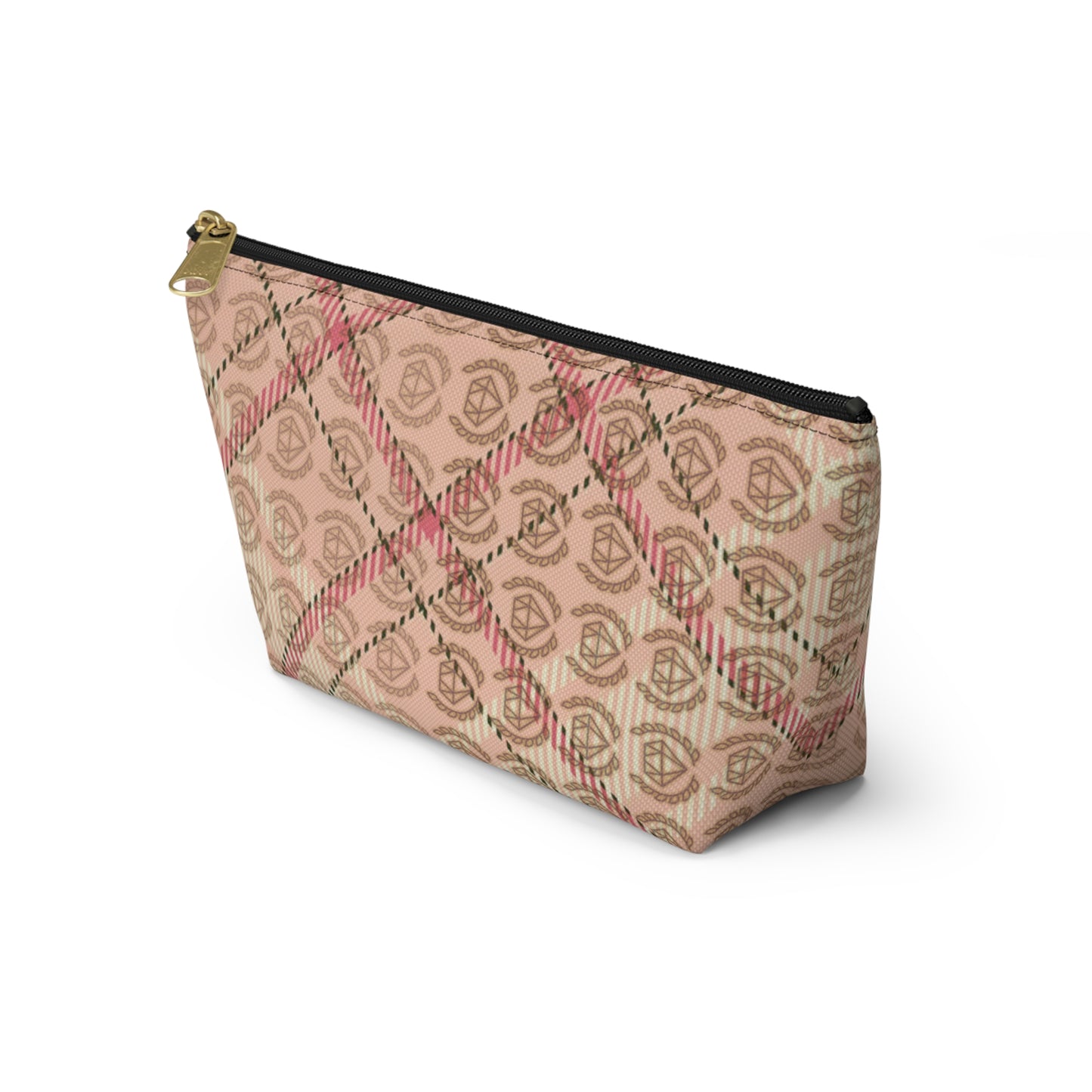 Elegant Plaid T-Bottom Accessory Pouch • Soft Pink Travel Bag with Boutique Monogram • Small or Large Sizes