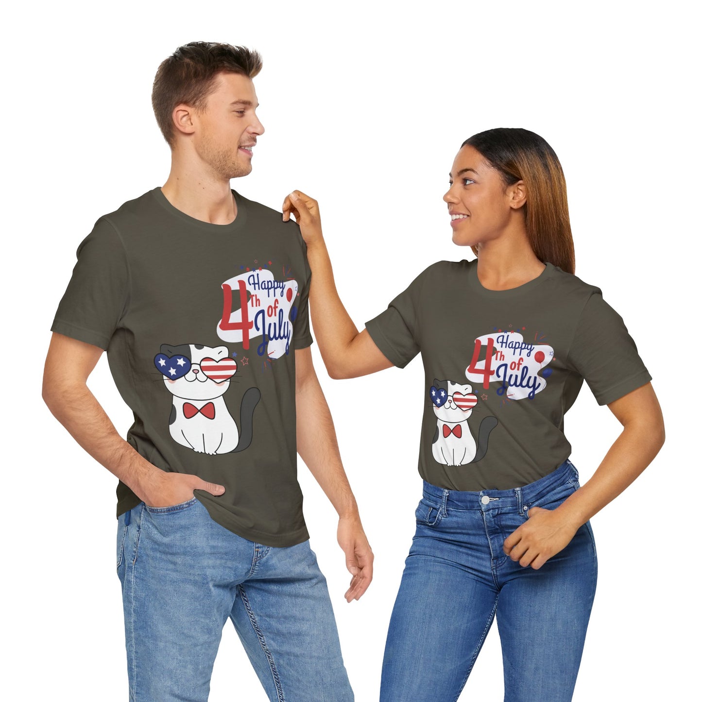 Patriotic Party Cat Tee – Happy 4th of July – Unisex Bella+Canvas Jersey Tee - 4th of July Tee