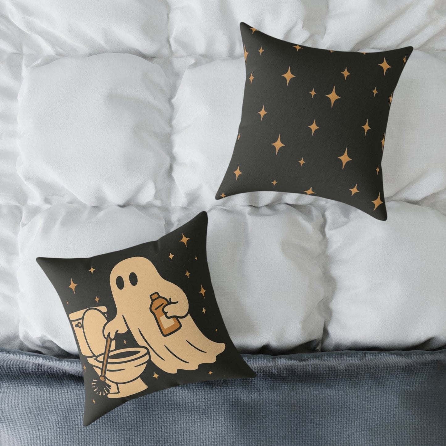 Ghost Cleaning Crew Canvas Throw Pillow β Spooky Chores Collection