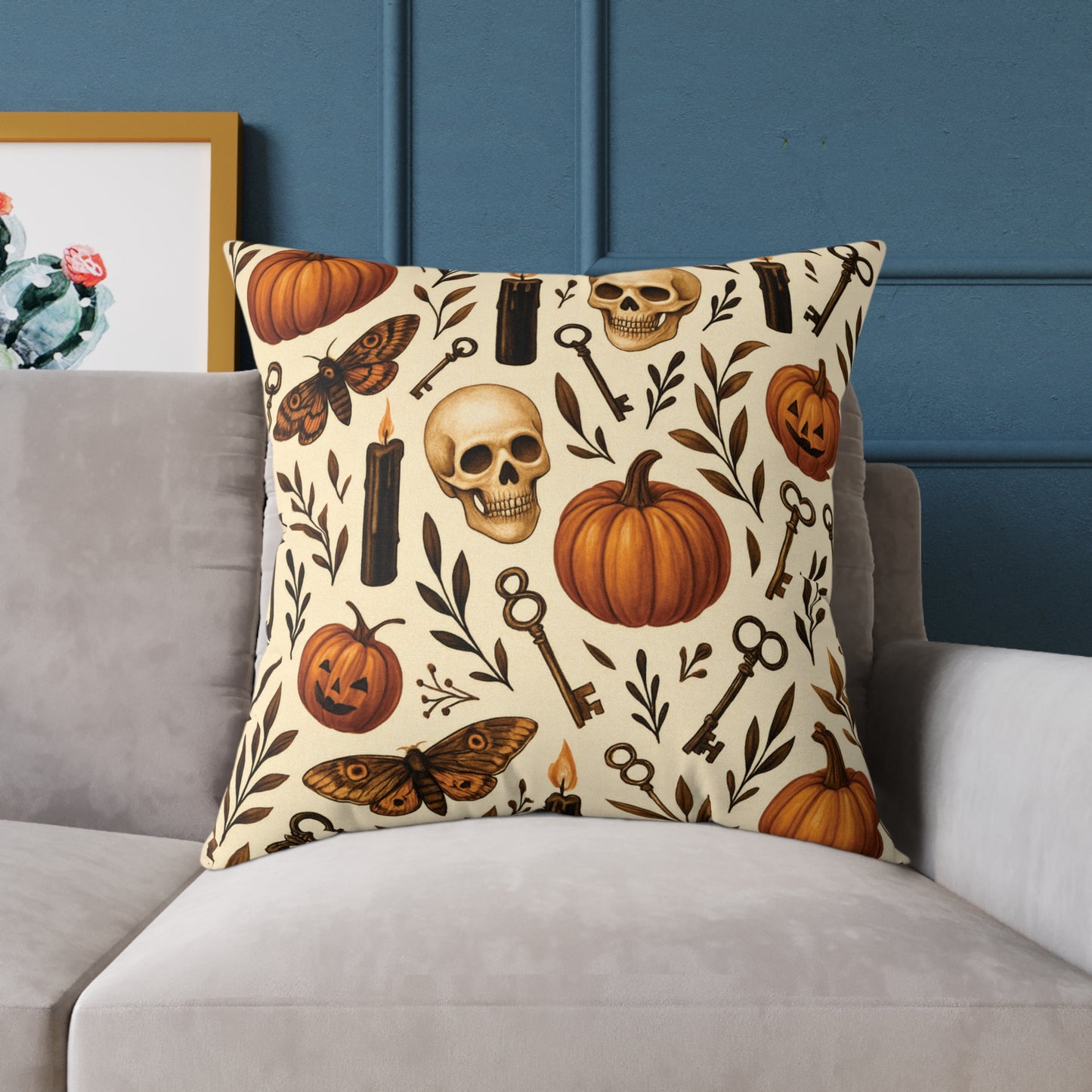 Gothic Halloween Throw Pillow – Colorway Poly Canvas – Reversible Plaid – Skulls, Moths & Black Candles – Premium Fall Decor
