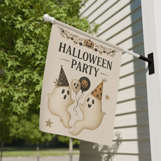Halloween Party Garden Flag – Cream Background Ghosts with Balloons & Party Hats | Vintage Outdoor Halloween Decor
