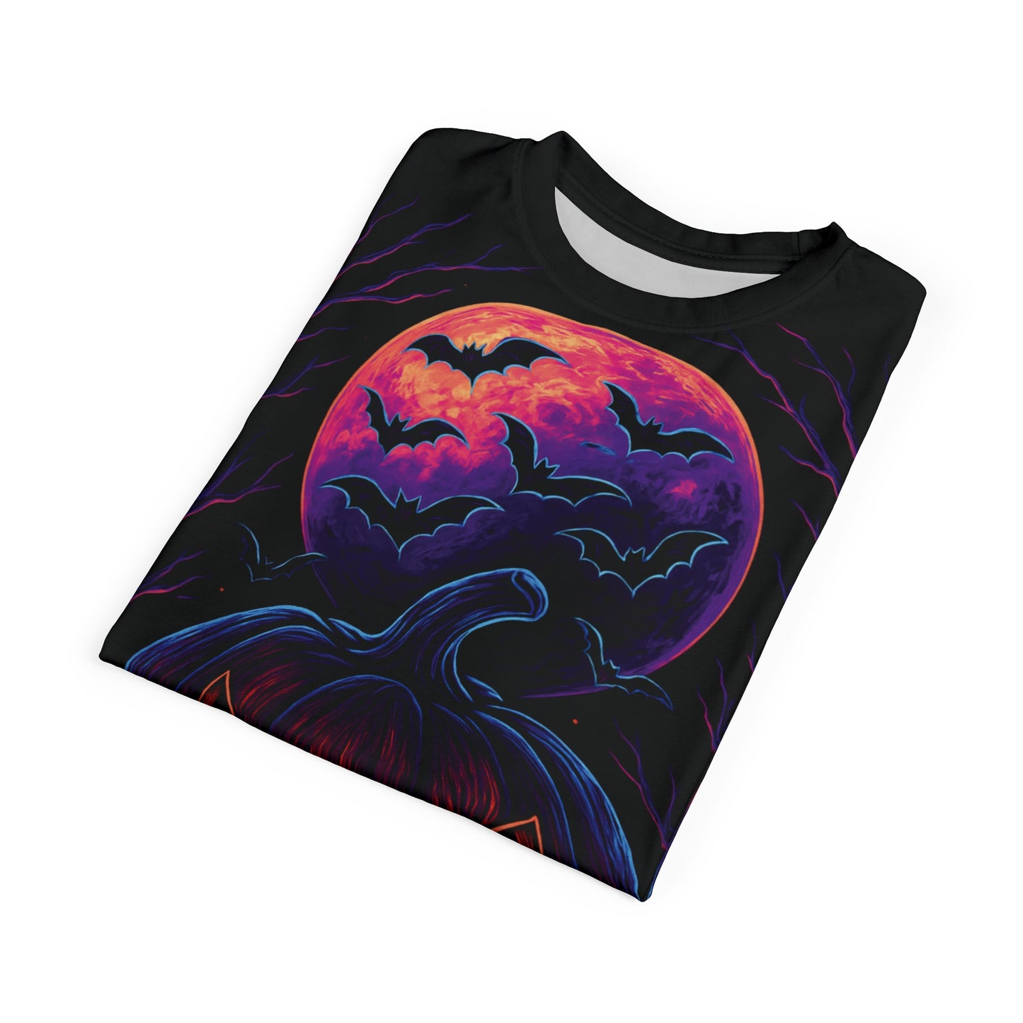 Neon Jack-o'-Lantern AOP Halloween T-shirt – Glödande pumpa och fladdermöss Extra stort tryck T-shirt (heltryck)