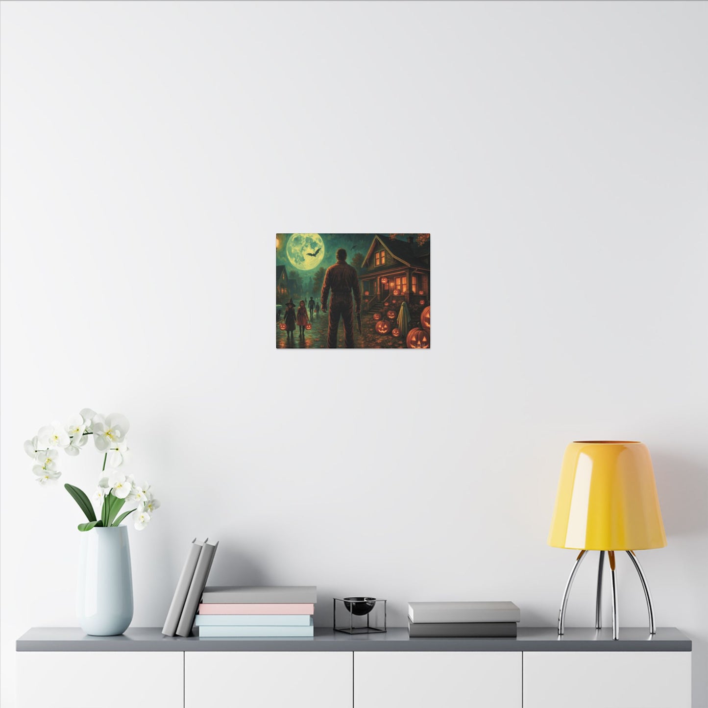 Halloween Neighborhood Scene Canvas Print β Retro Suburban Trick-or-Treat, Glowing Pumpkins & Full Moon Wall Art