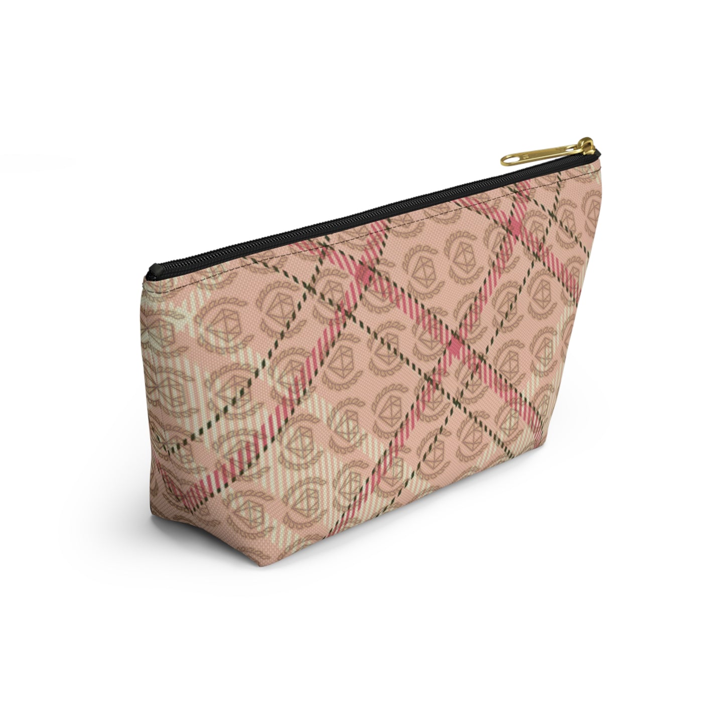 Elegant Plaid T-Bottom Accessory Pouch • Soft Pink Travel Bag with Boutique Monogram • Small or Large Sizes