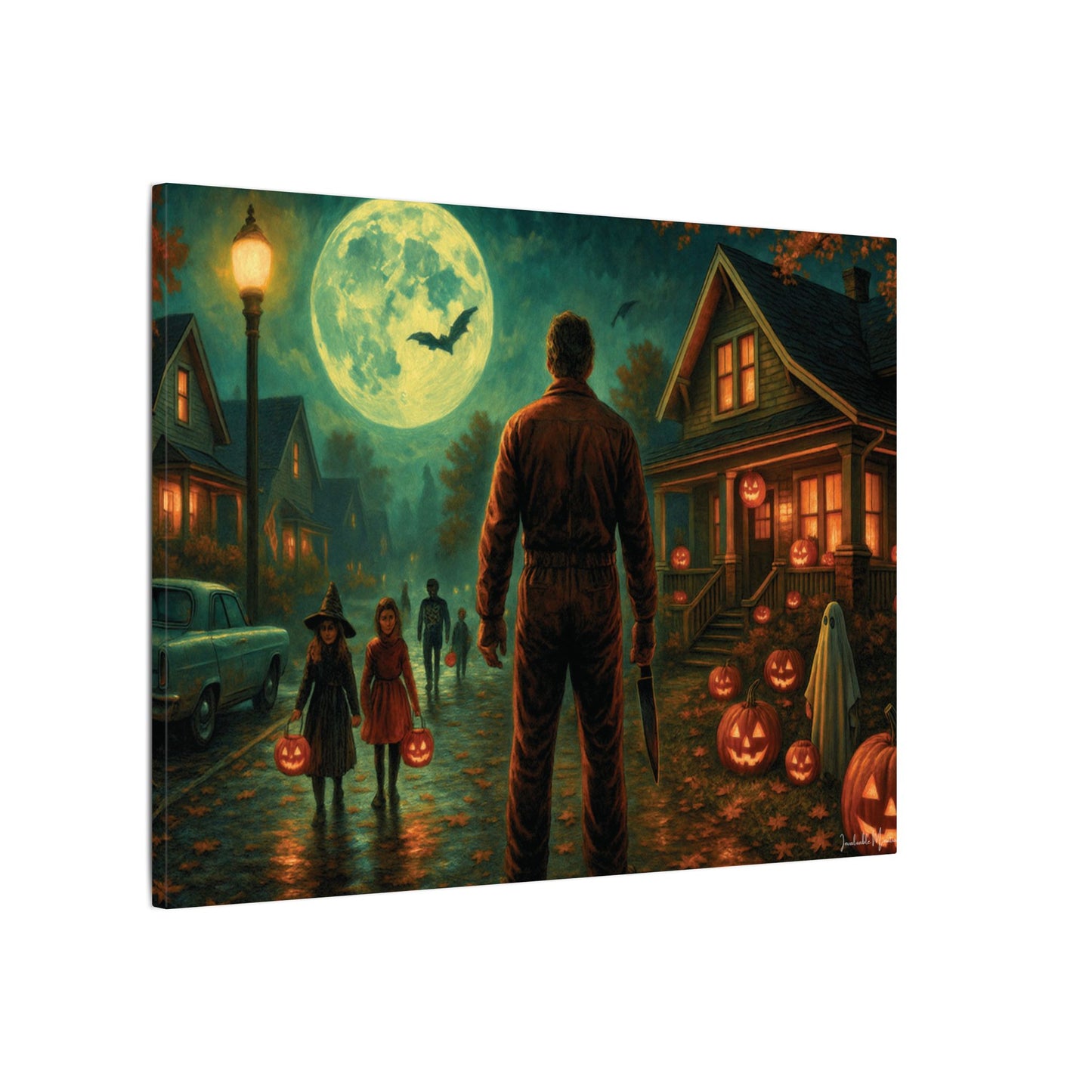 Halloween Neighborhood Scene Canvas Print β Retro Suburban Trick-or-Treat, Glowing Pumpkins & Full Moon Wall Art