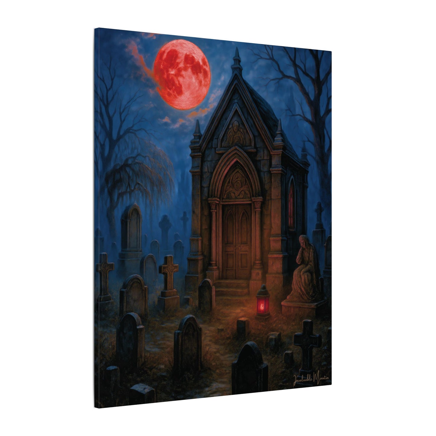 "Blood Moon Mausoleum" – Gothic Graveyard Fine Art Matte Canvas Print (Vertical)