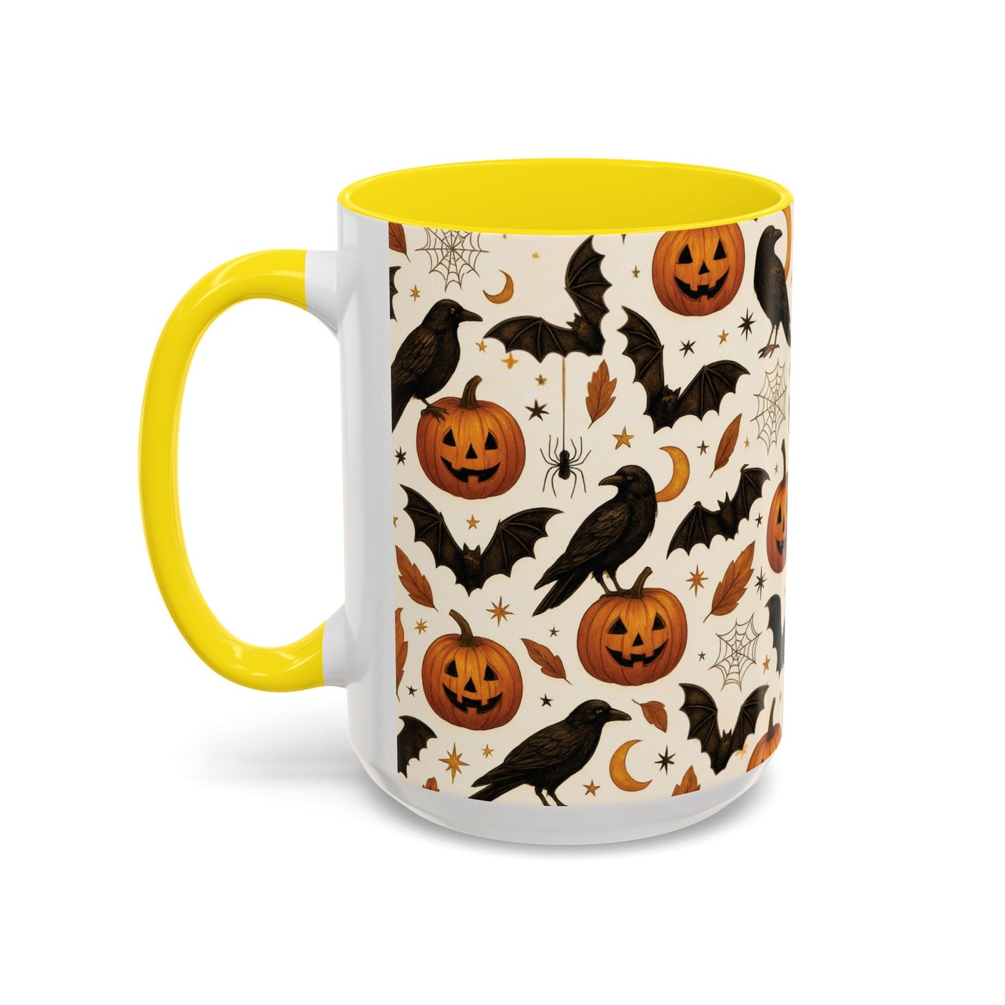 Halloween Raven & Pumpkin Color Accent Mug β Gothic Crow, Bats & Jack-oβ-Lantern Coffee Cup (11oz & 15oz) β Spooky Autumn Drinkware