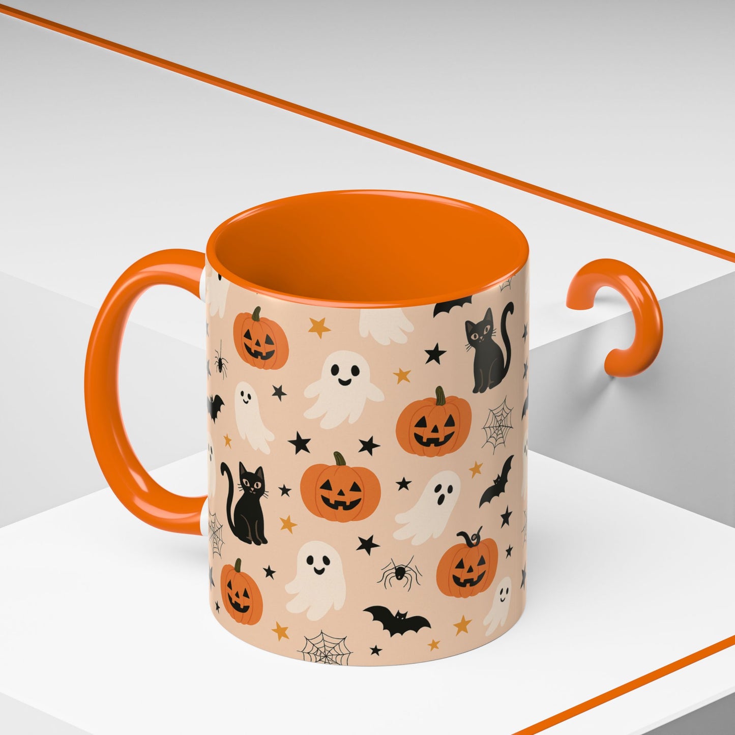 Halloween Color Accent Mug β Ghosts, Pumpkins & Black Cats, Fall Coffee Cup (11oz & 15oz) β Boutique Spooky Season Drinkware