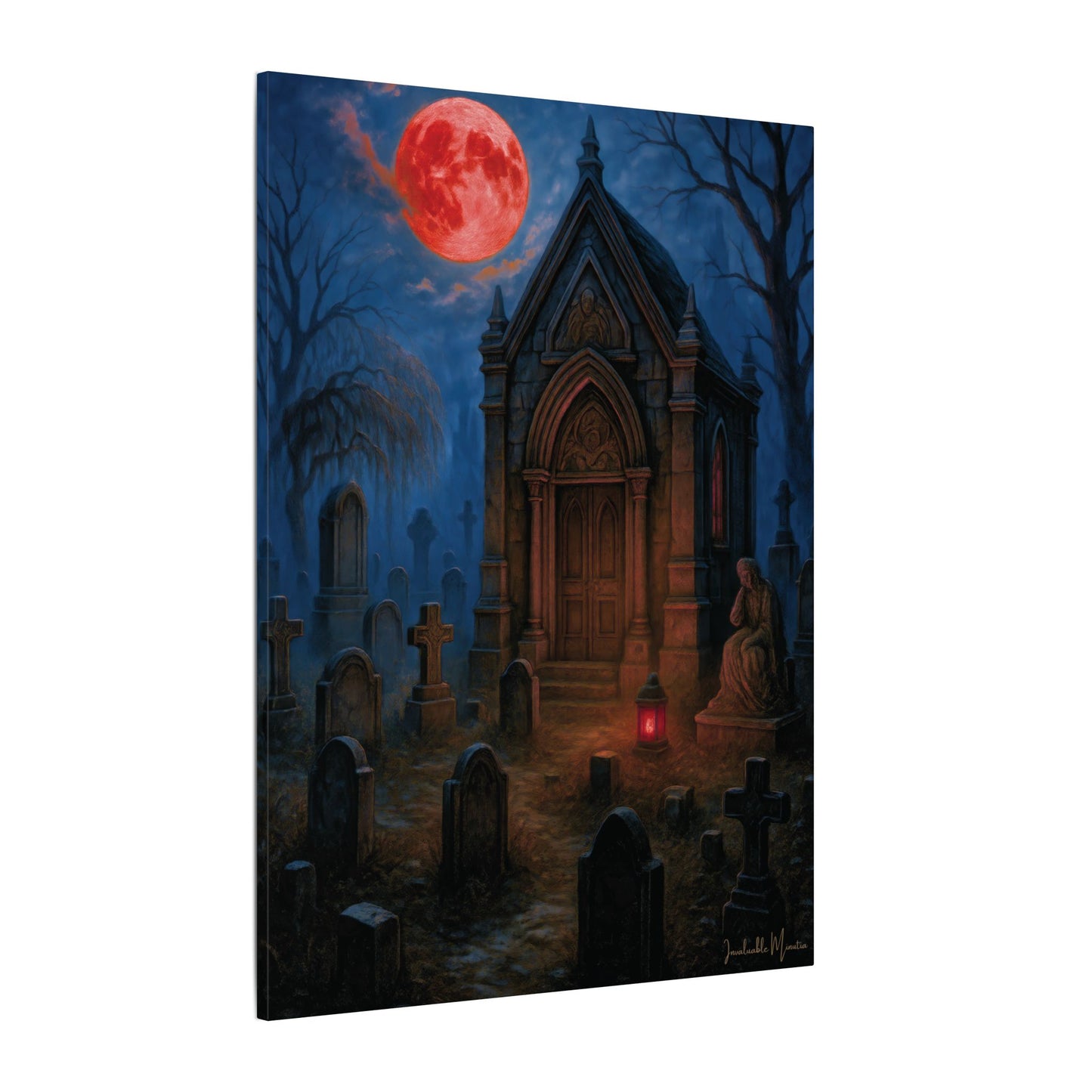 "Blood Moon Mausoleum" – Gothic Graveyard Fine Art Matte Canvas Print (Vertical)