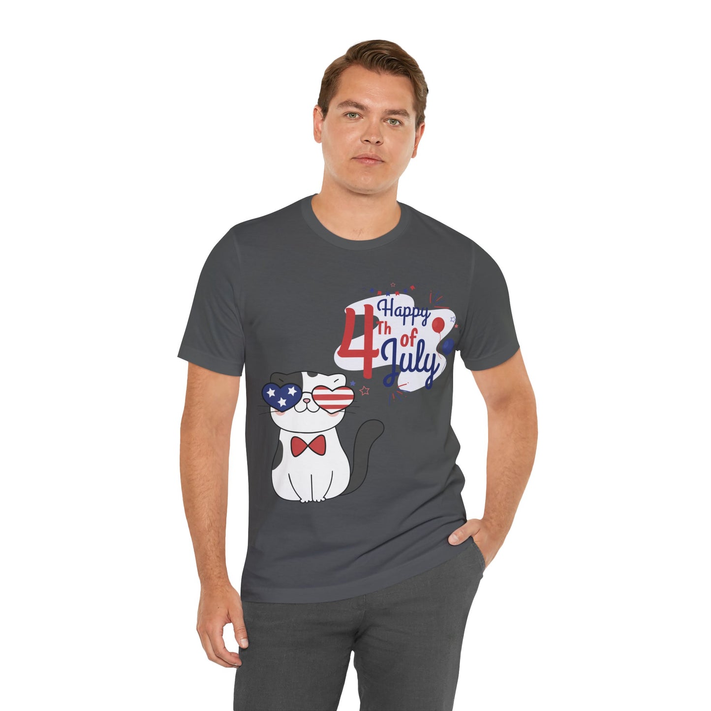 Patriotic Party Cat Tee – Happy 4th of July – Unisex Bella+Canvas Jersey Tee - 4th of July Tee