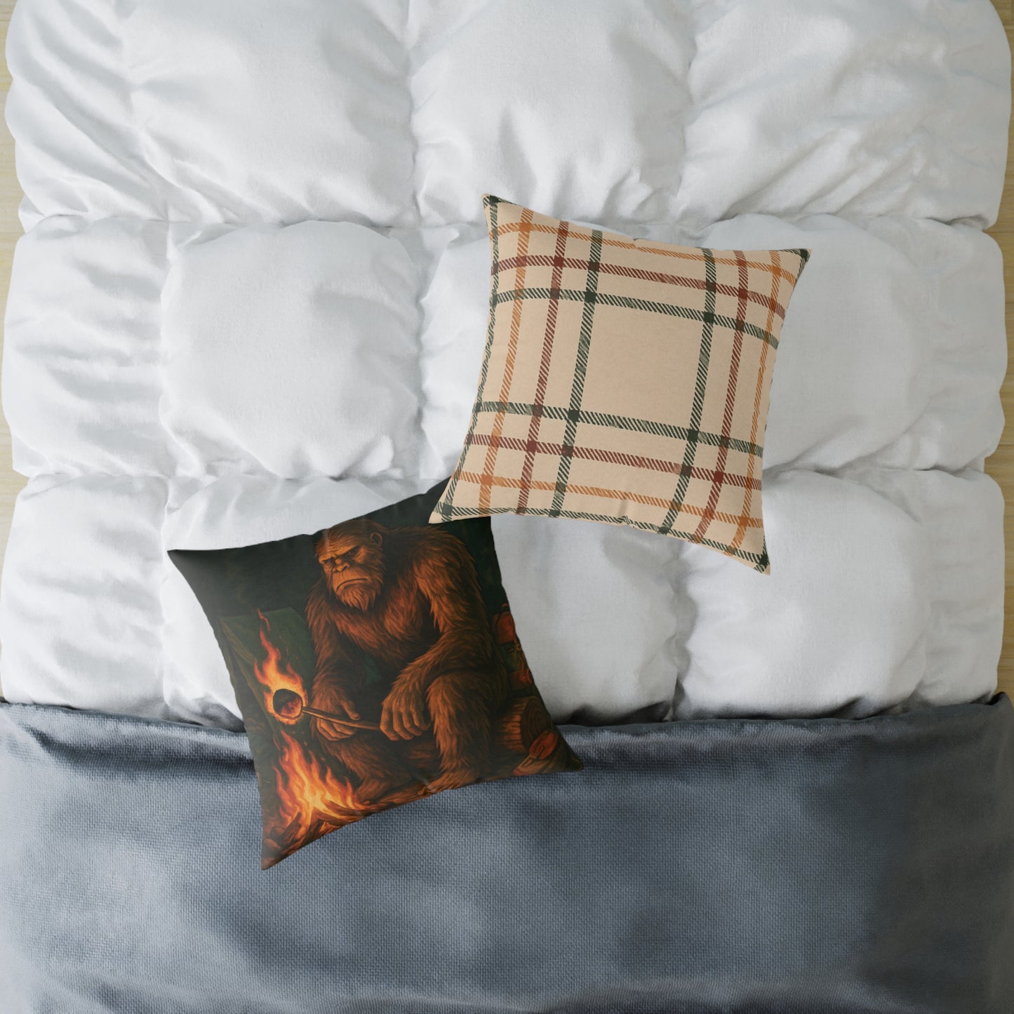 Bigfoot Burnt the S’more – Cryptid Campsite Canvas Throw Pillow
