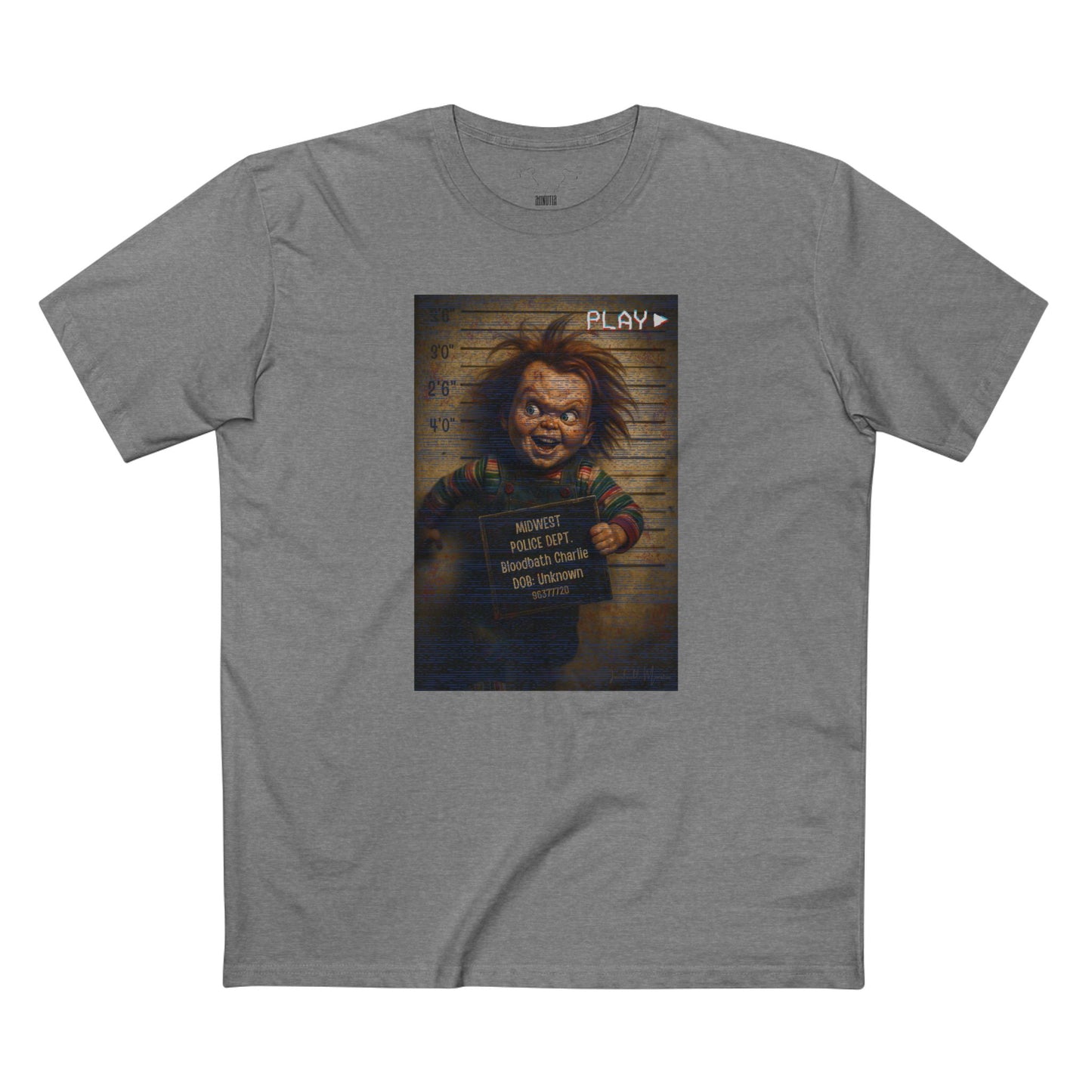 Creepy Killer Doll Mugshot T-Shirt – Halloween Horror Tee, Boutique DTG Print, Premium Cotton Tee, 90s VHS Aesthetic