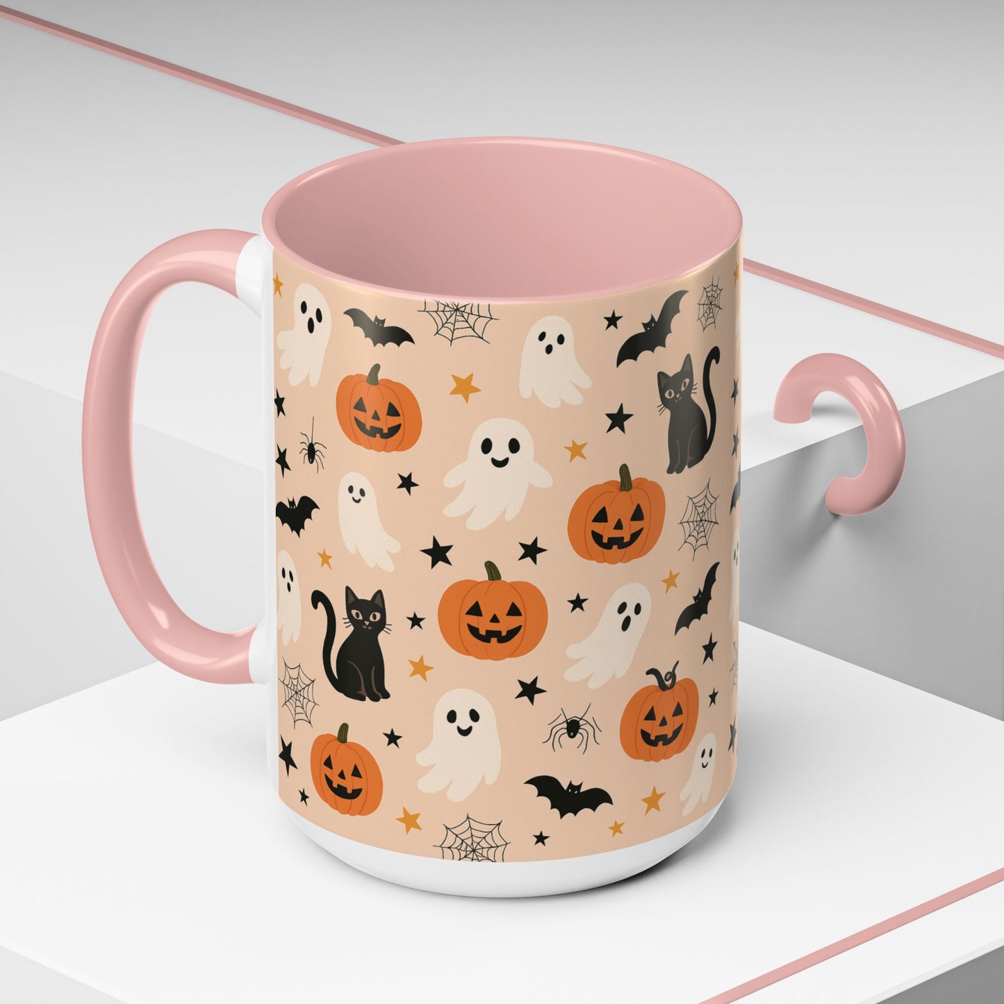 Halloween Color Accent Mug β Ghosts, Pumpkins & Black Cats, Fall Coffee Cup (11oz & 15oz) β Boutique Spooky Season Drinkware