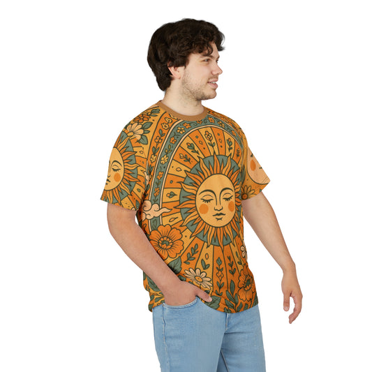 Camiseta unisex con diseño bohemio de Sol y Luna | Camiseta AOP, estilo bohemio, perfecta para el verano, regalo para amantes de la naturaleza, ideal para festivales