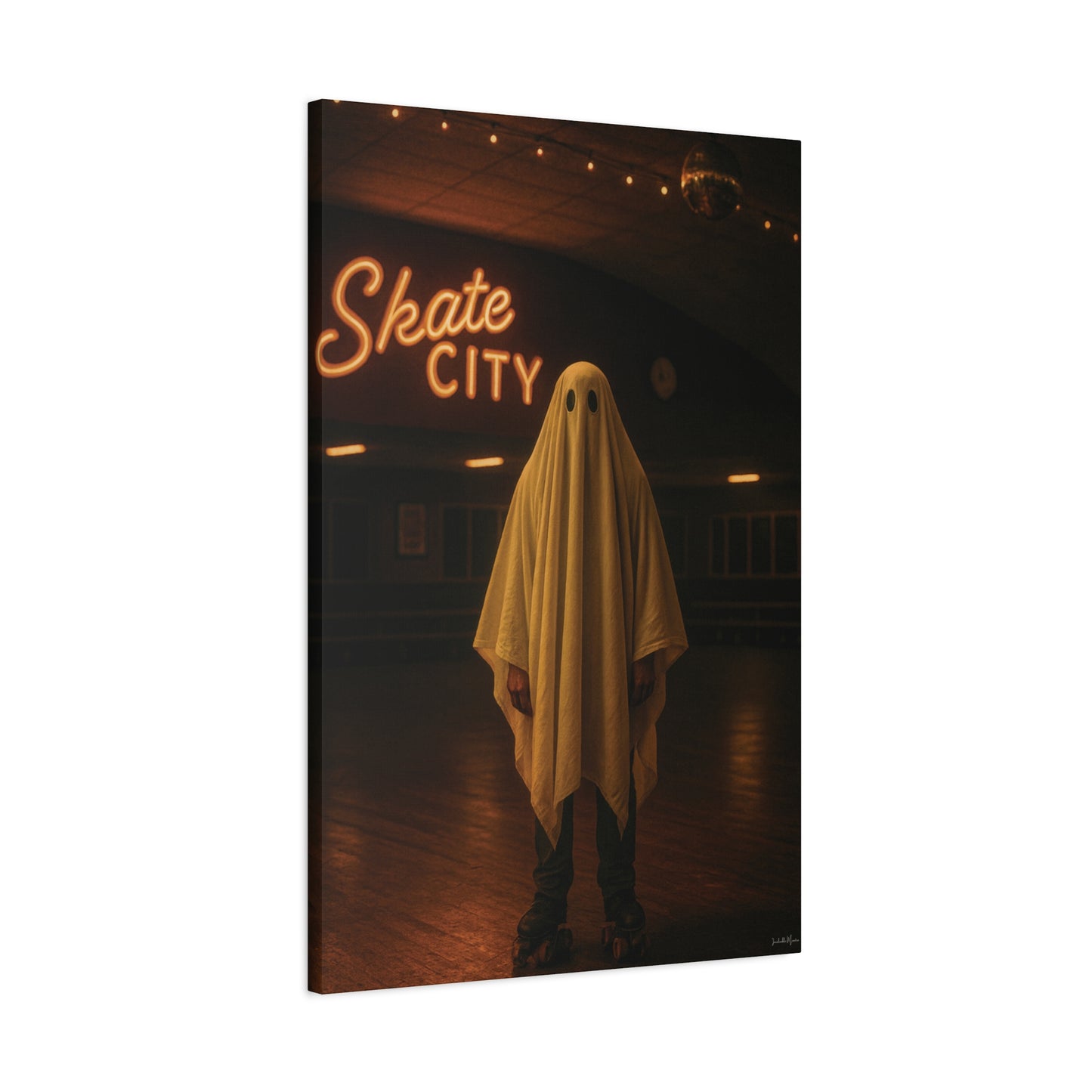 Ghost at the Roller Rink Canvas Wall Art β Retro 80s Nostalgic Halloween Decor