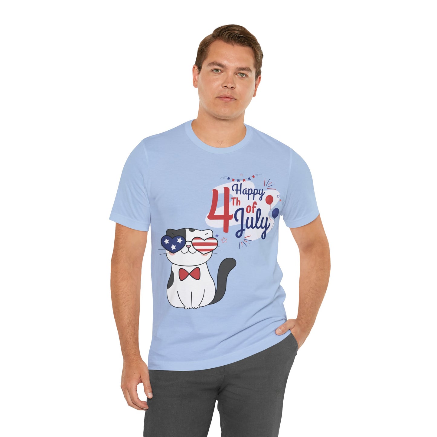 Patriotic Party Cat Tee – Happy 4th of July – Unisex Bella+Canvas Jersey Tee - 4th of July Tee