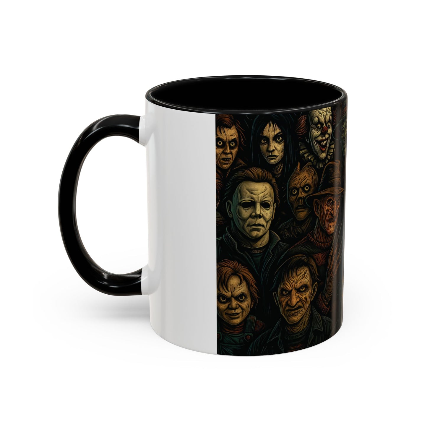 Horror Villain Collage Mug – 15oz & 11oz Ceramic Coffee Mug – Slasher Icons Halloween Gift – Goth Horrorcore Kitchen Decor