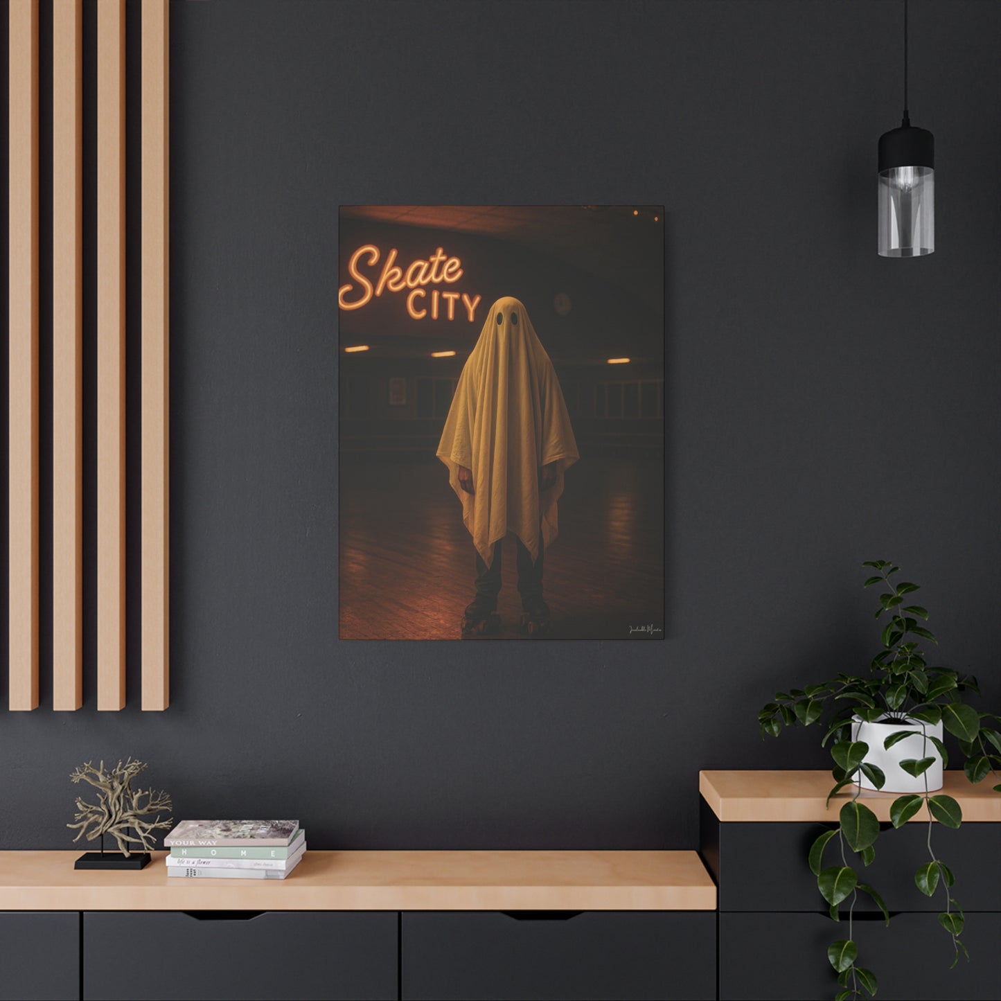 Ghost at the Roller Rink Canvas Wall Art β Retro 80s Nostalgic Halloween Decor