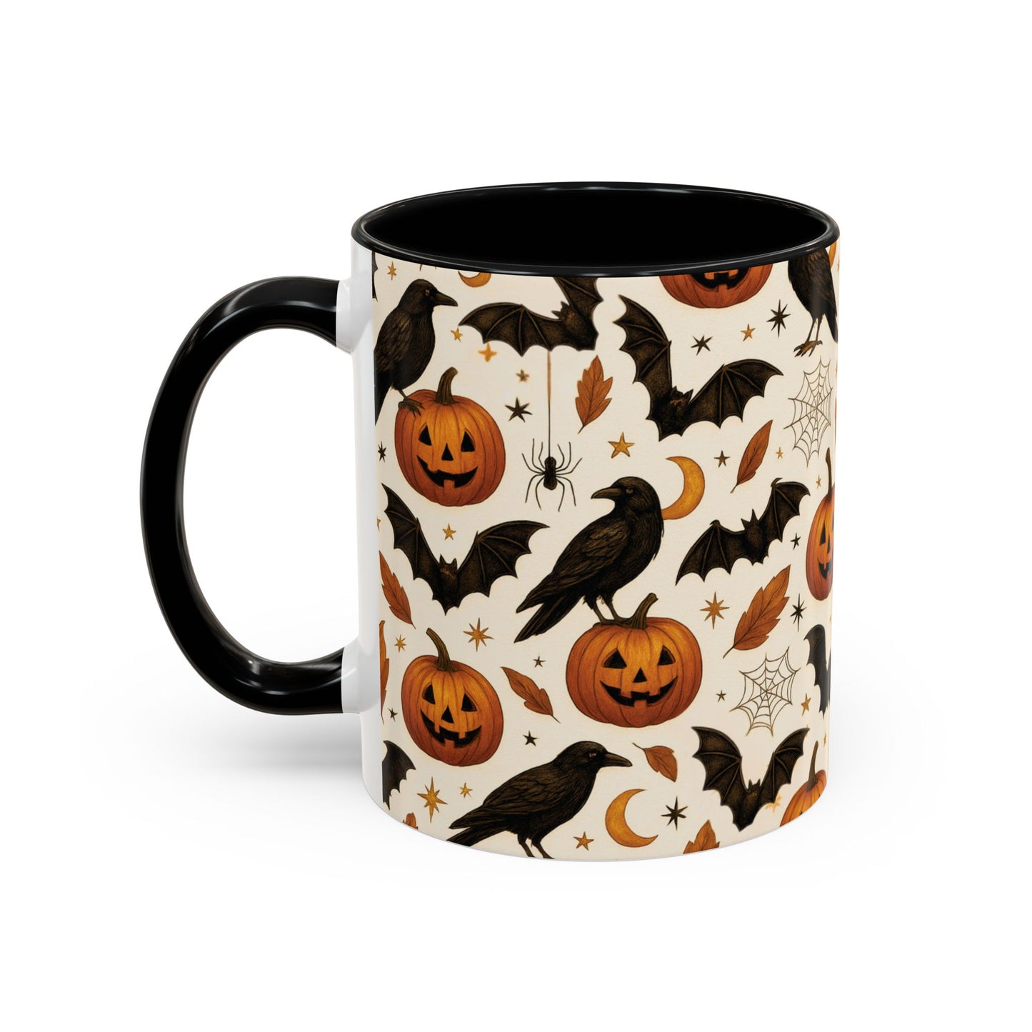Halloween Raven & Pumpkin Color Accent Mug β Gothic Crow, Bats & Jack-oβ-Lantern Coffee Cup (11oz & 15oz) β Spooky Autumn Drinkware