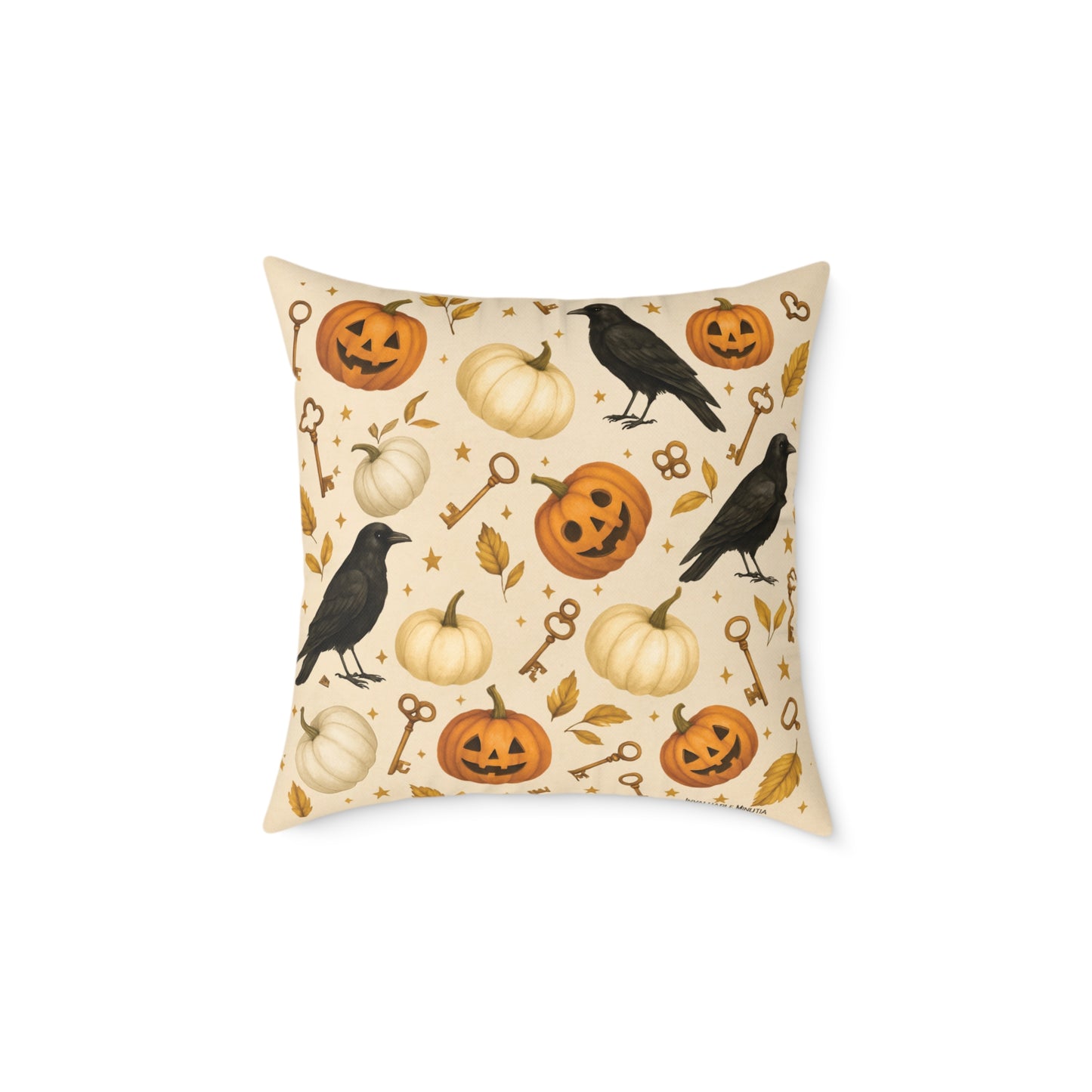 Boutique Halloween Throw Pillow – Crow & Pumpkin Pattern (Reversible Dot Back, Colorway™ Poly Canvas)
