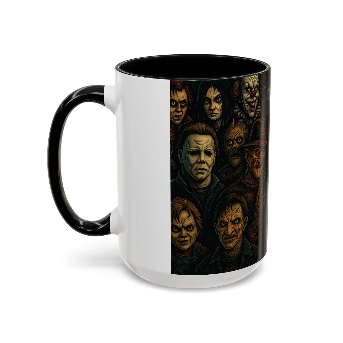 Horror Villain Collage Mug – 15oz & 11oz Ceramic Coffee Mug – Slasher Icons Halloween Gift – Goth Horrorcore Kitchen Decor