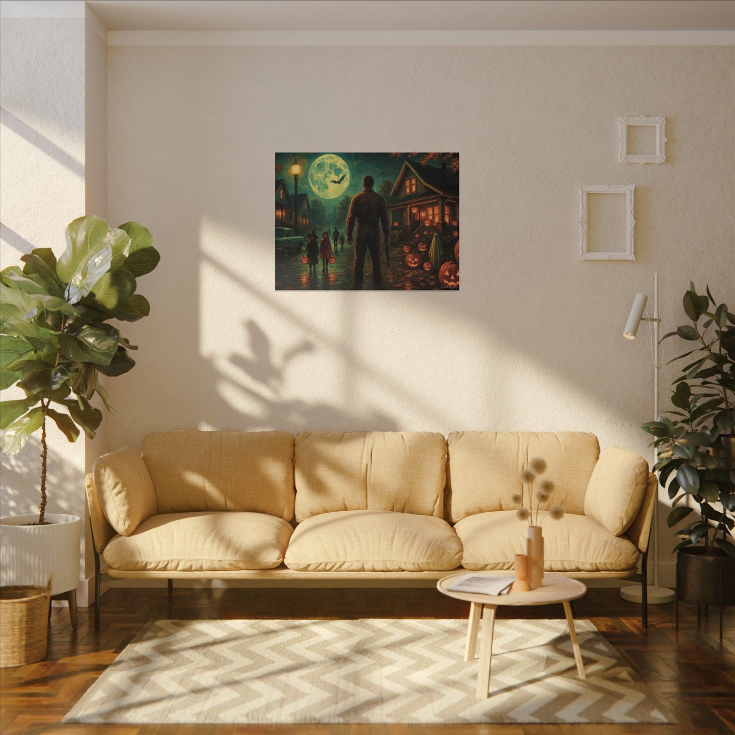 Halloween Neighborhood Scene Wall Art Canvas Print – Retro Suburban Trick-or-Treat Vibes