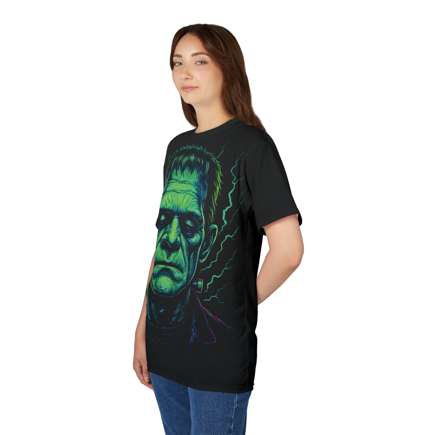 Frankenstein's Monster AOP Halloween T-Shirt – Electric Neon Green Extra Large Print Tee (All-Over Print)