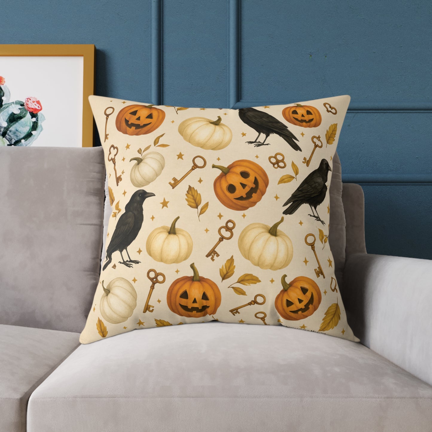 Boutique Halloween Throw Pillow – Crow & Pumpkin Pattern (Reversible Dot Back, Colorway™ Poly Canvas)
