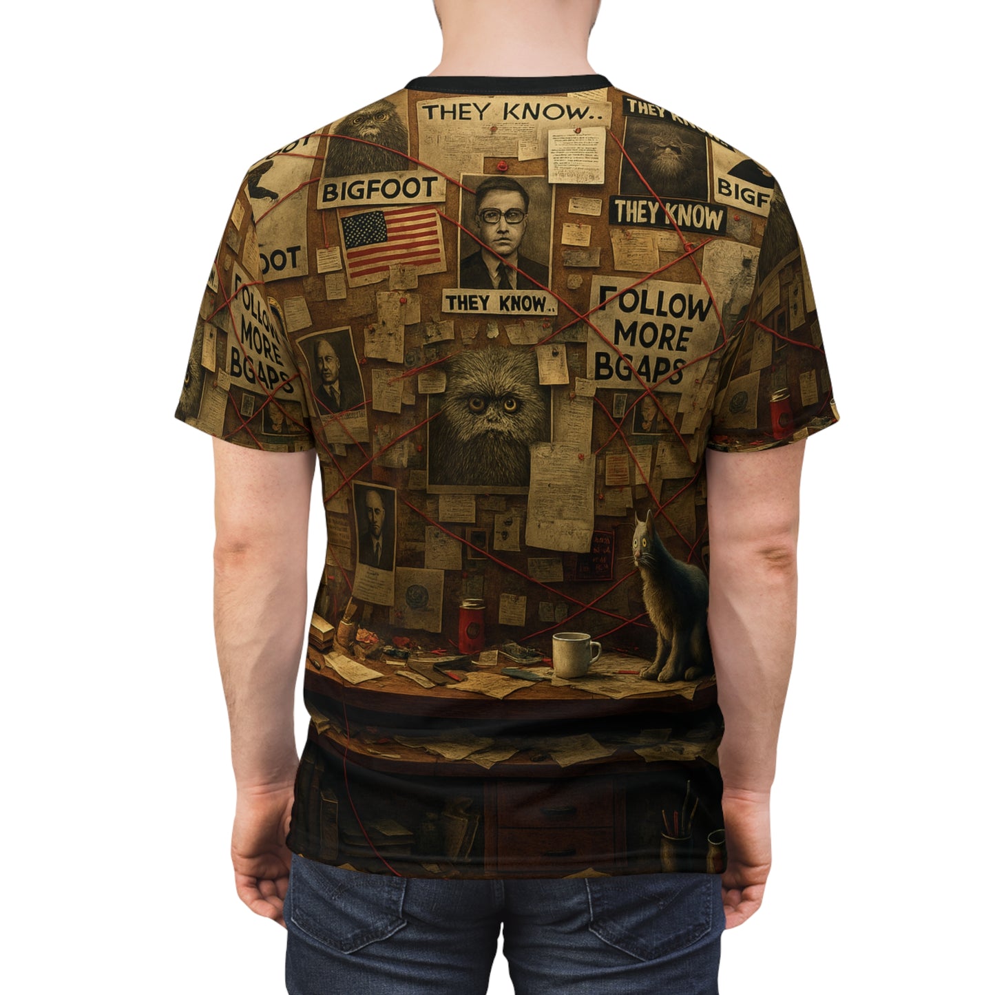Bigfoot Conspiracy Tee, Unisex T-Shirt, Funny Graphic Tee, Unique Gift for Halloween, Cryptid Lover Fashion, AOP Apparel