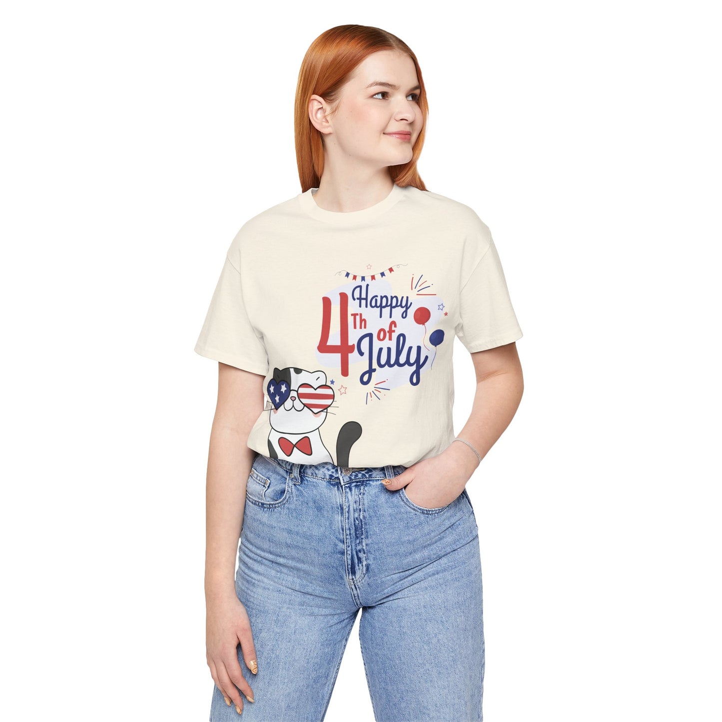 Patriotic Party Cat Tee – Happy 4th of July – Unisex Bella+Canvas Jersey Tee - 4th of July Tee