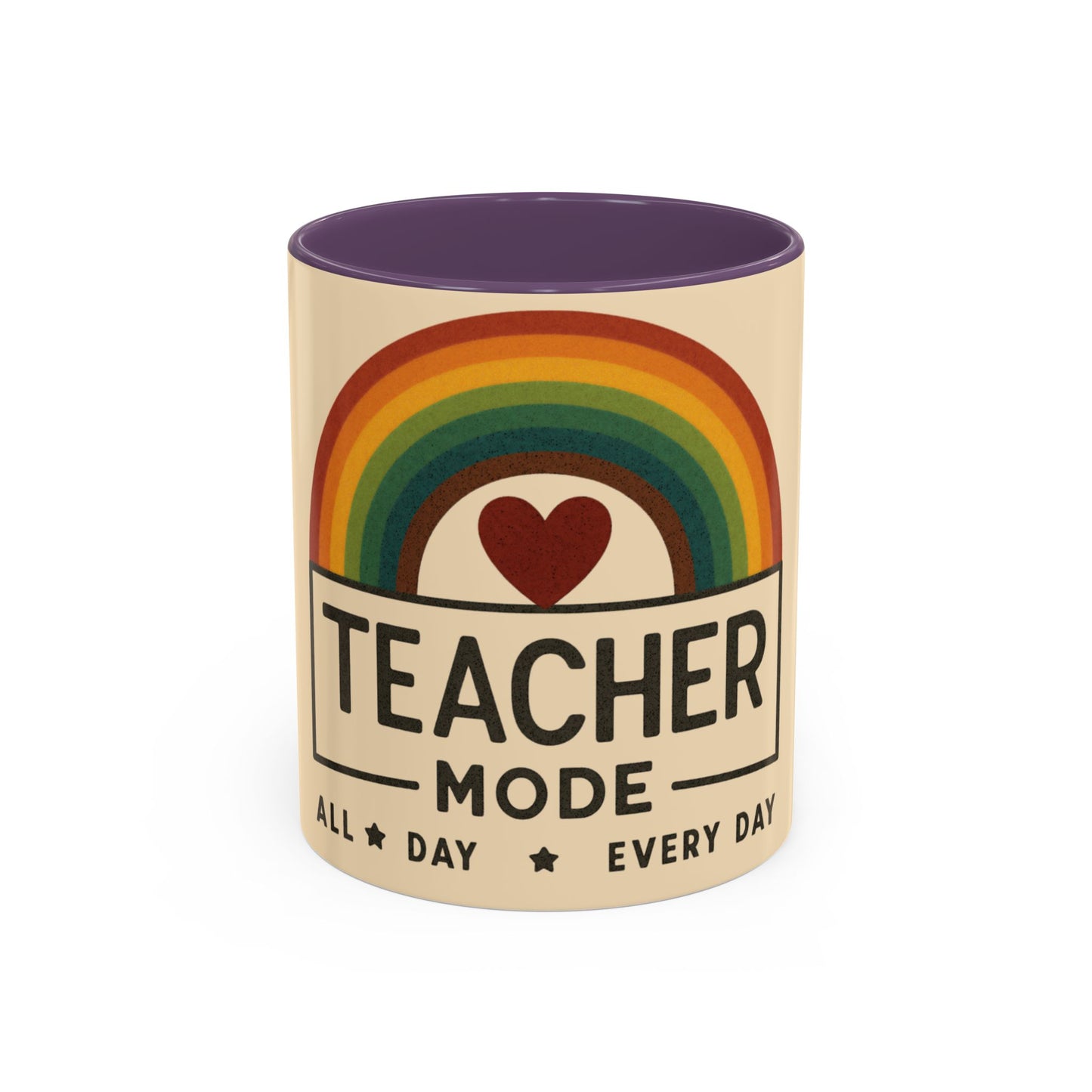 Teacher Mode – Color Accent Mug (11oz/15oz) • Rainbow Heart • Teacher Gift • Dishwasher & Microwave Safe