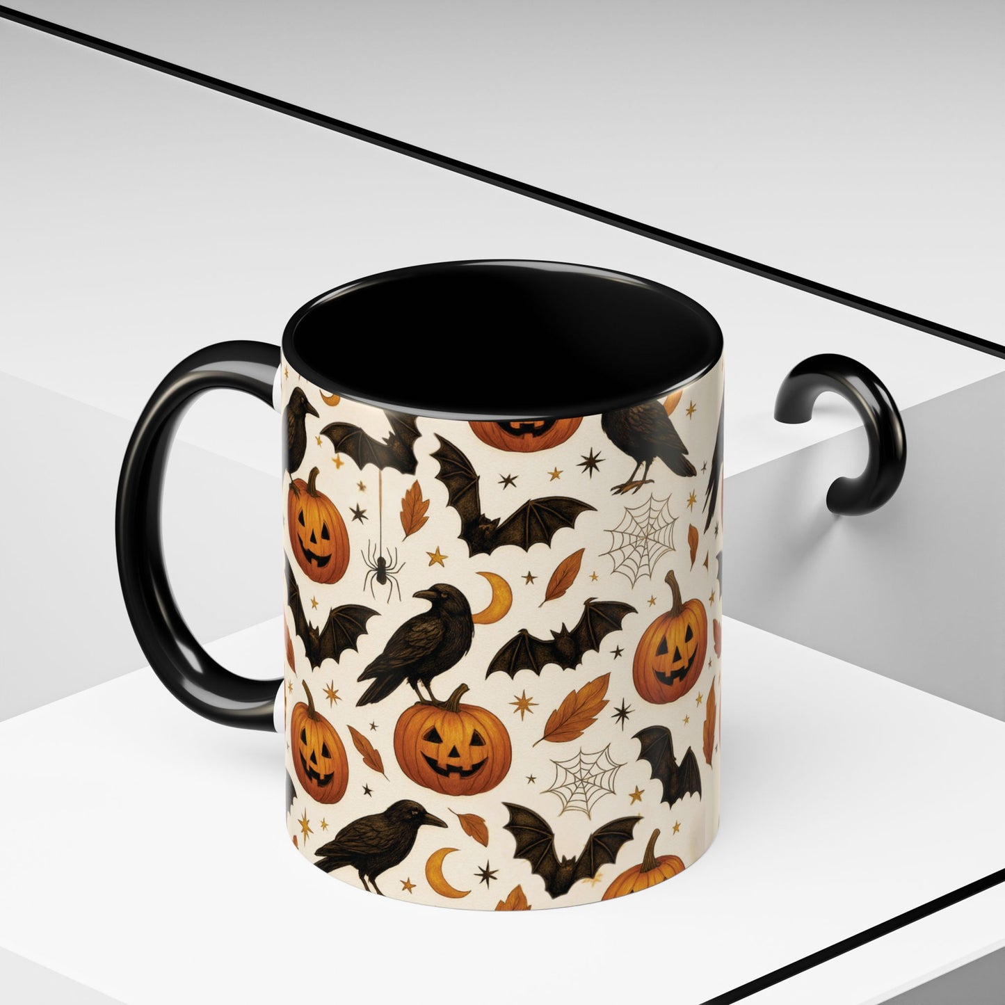 Halloween Raven & Pumpkin Color Accent Mug β Gothic Crow, Bats & Jack-oβ-Lantern Coffee Cup (11oz & 15oz) β Spooky Autumn Drinkware