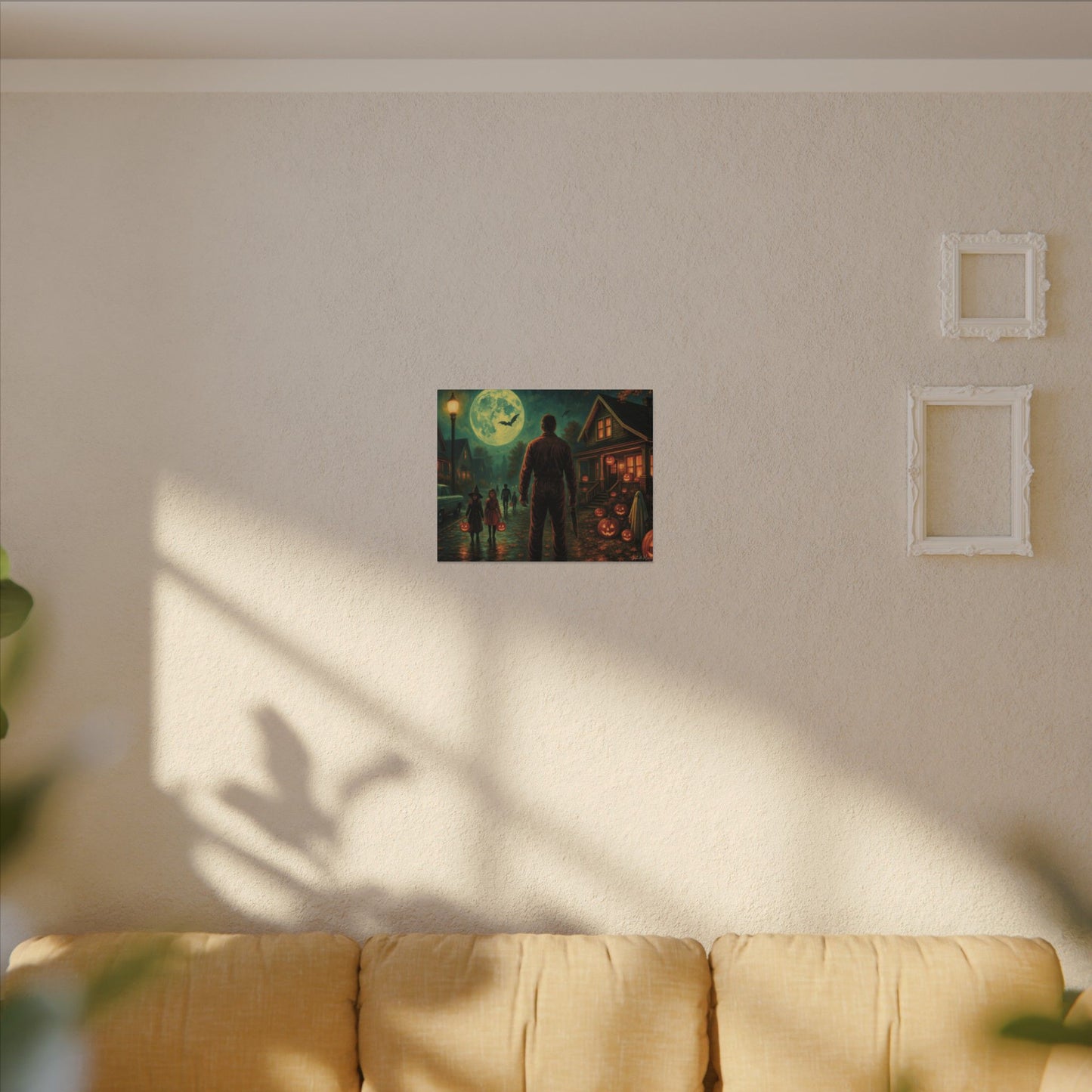 Halloween Neighborhood Scene Canvas Print β Retro Suburban Trick-or-Treat, Glowing Pumpkins & Full Moon Wall Art