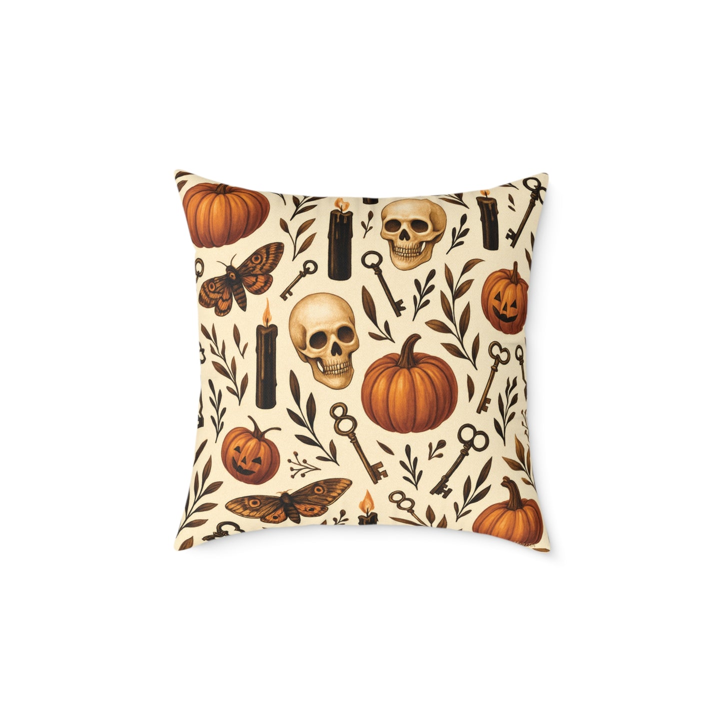 Gothic Halloween Throw Pillow – Colorway Poly Canvas – Reversible Plaid – Skulls, Moths & Black Candles – Premium Fall Decor