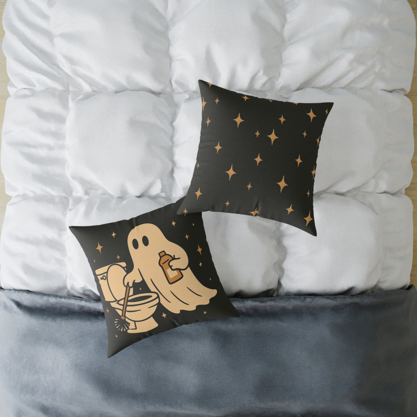 Ghost Cleaning Crew Canvas Throw Pillow β Spooky Chores Collection
